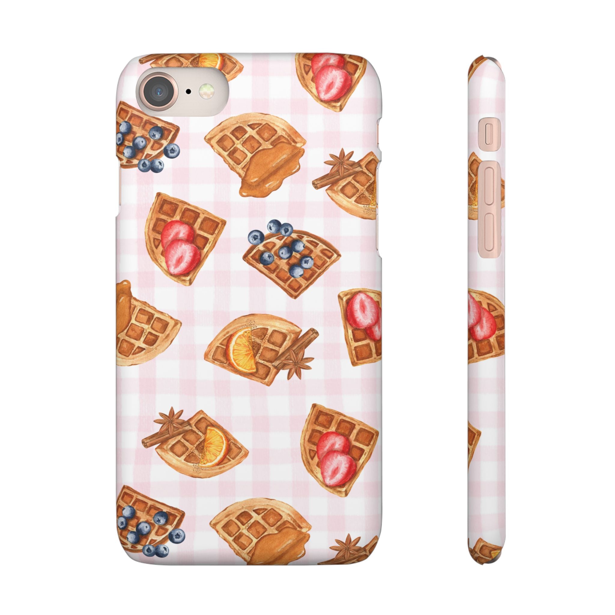 Waffle Picnic Phone Case — Cute Strawberry & Blueberry Waffles on Pink Gingham Snap Case