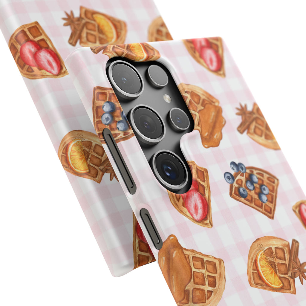 Waffle Picnic Phone Case — Cute Strawberry & Blueberry Waffles on Pink Gingham Snap Case