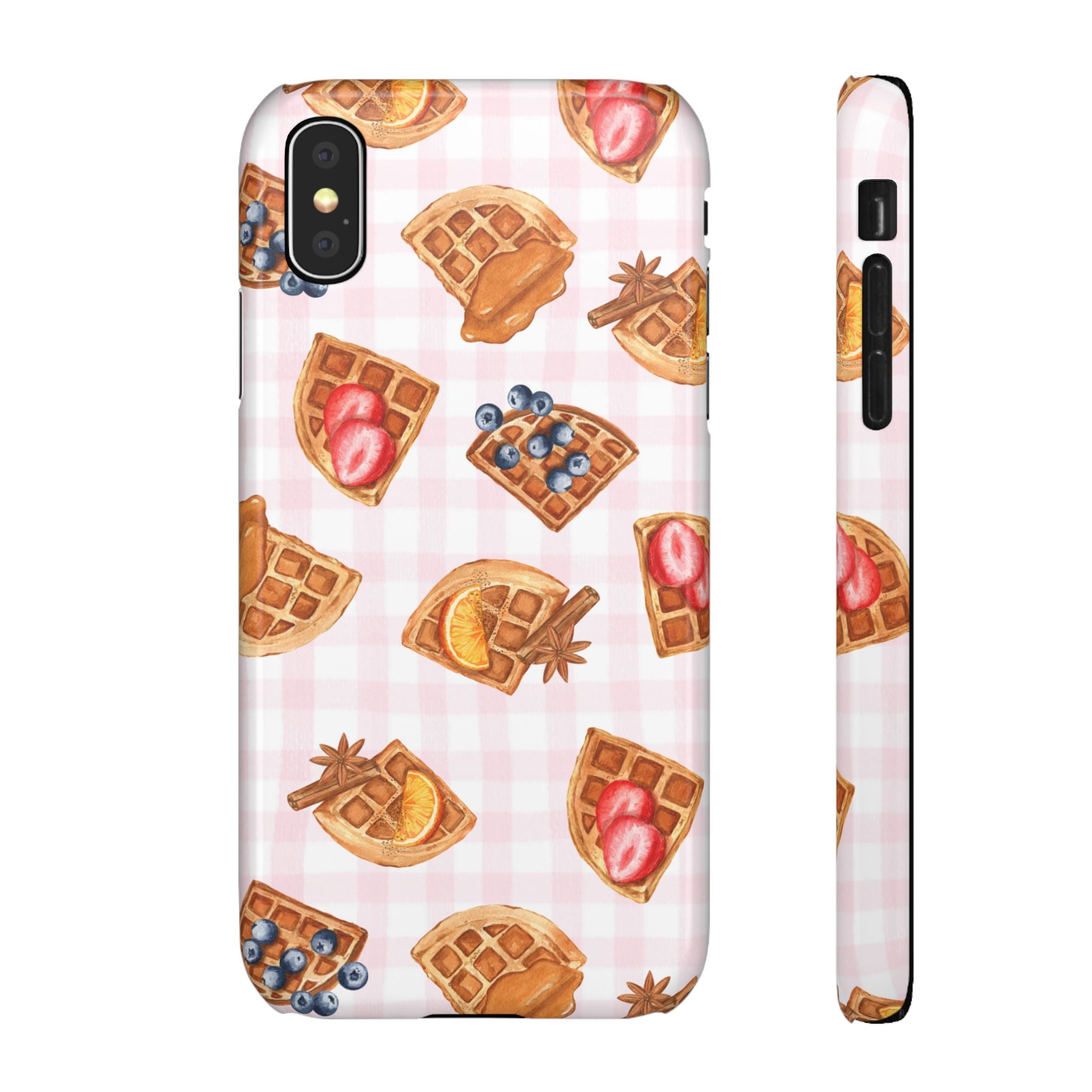 Waffle Picnic Phone Case — Cute Strawberry & Blueberry Waffles on Pink Gingham Snap Case