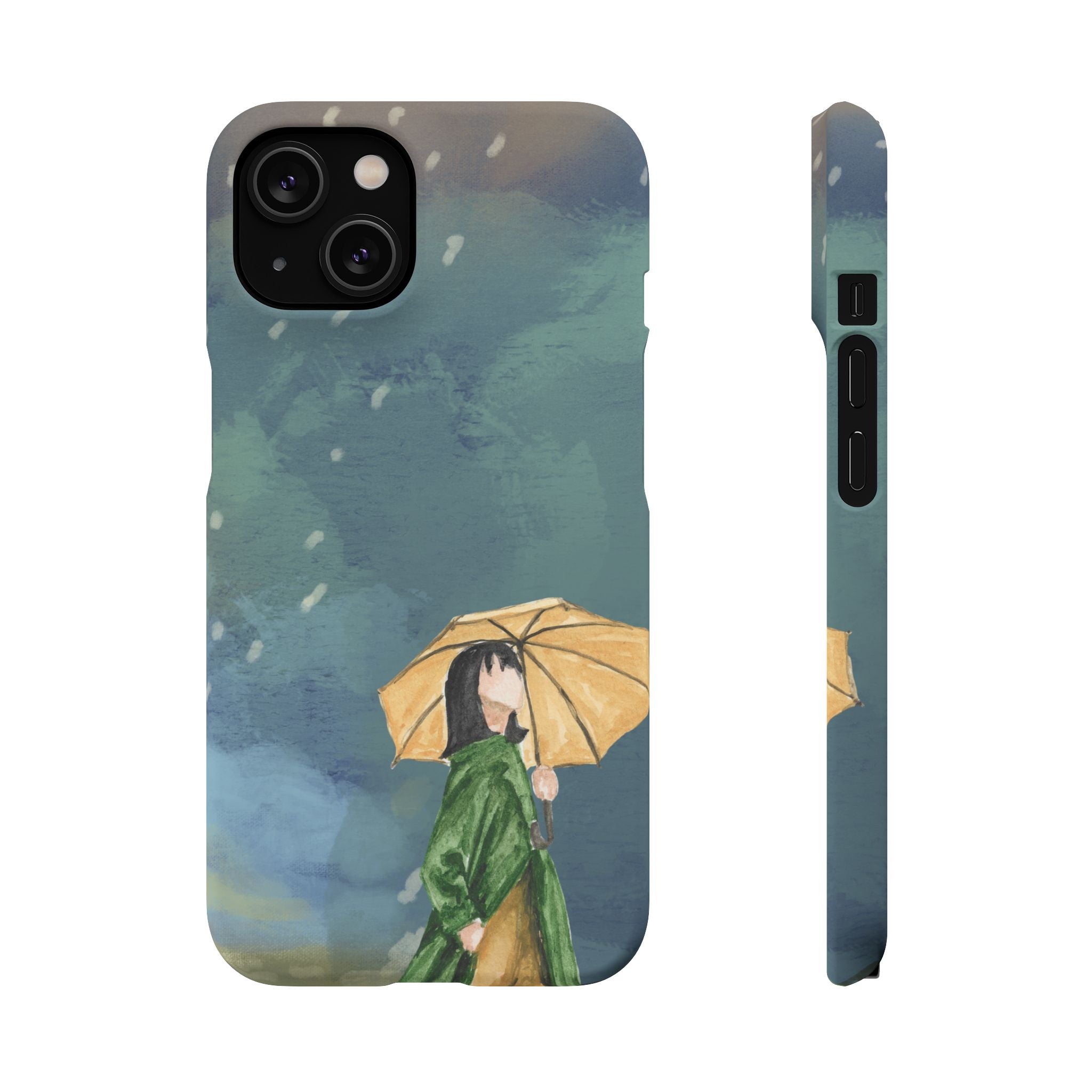 Artistic Rainfall Phone Case – Woman with Umbrella Design