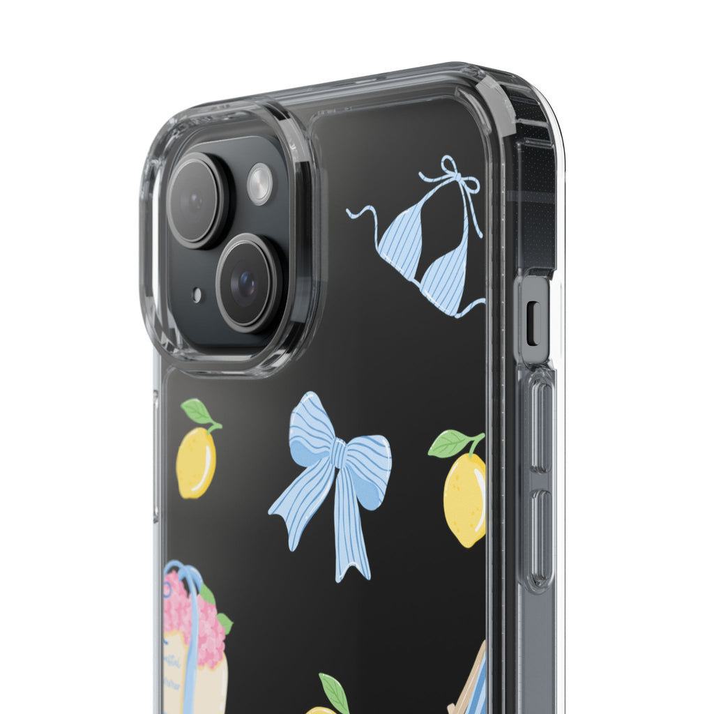 Clear Phone Case — Summer Lemon & Bow Pattern (bikini, beach chair, cake)