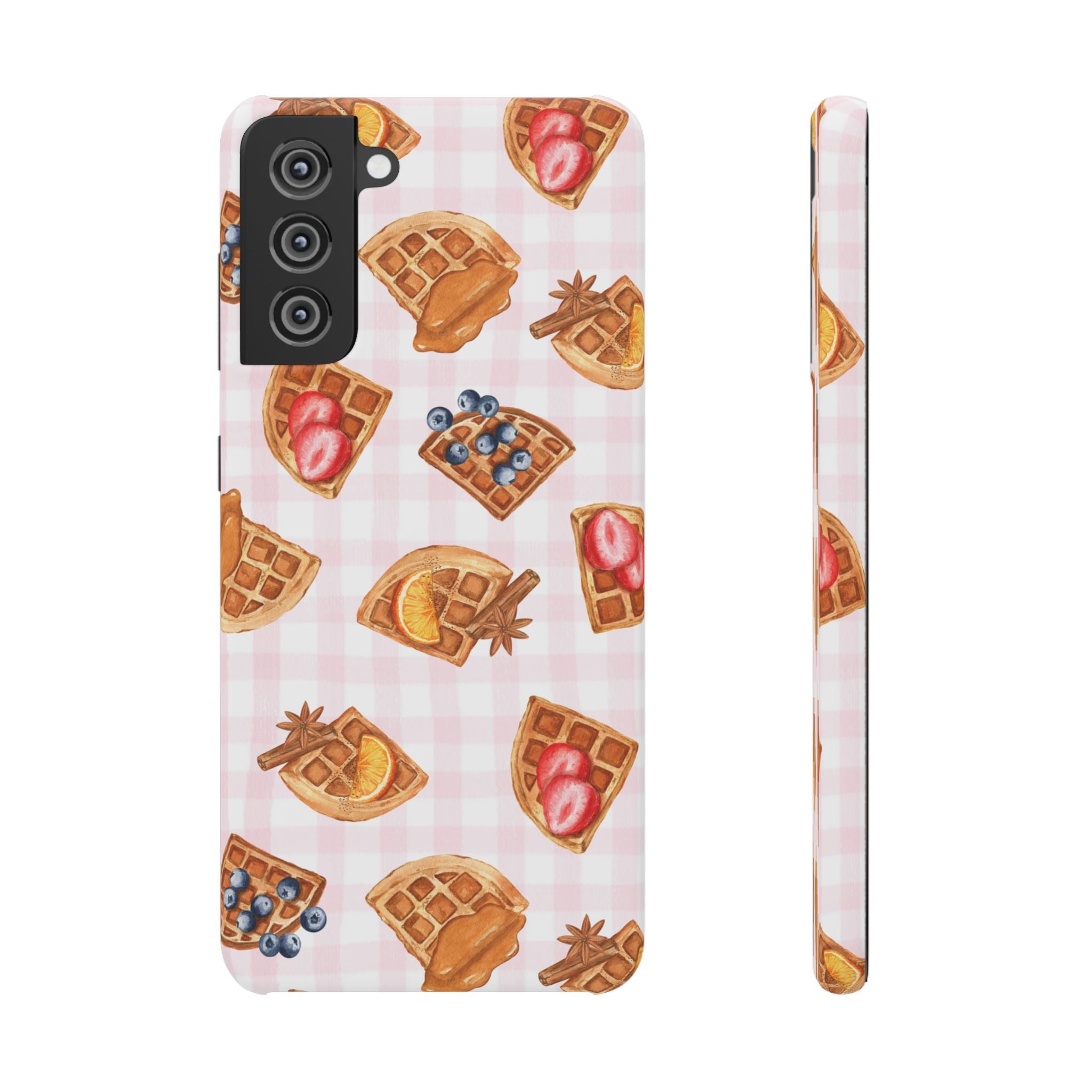 Waffle Picnic Phone Case — Cute Strawberry & Blueberry Waffles on Pink Gingham Snap Case