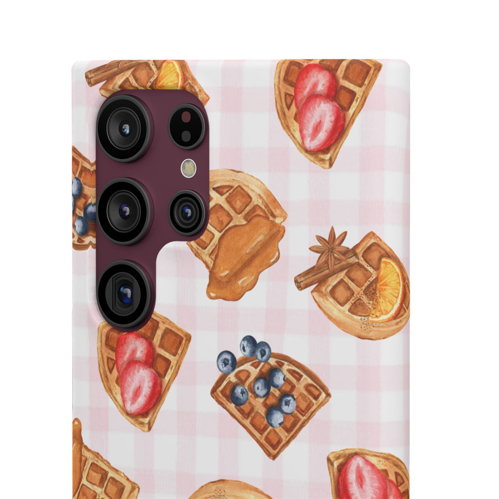Waffle Picnic Phone Case — Cute Strawberry & Blueberry Waffles on Pink Gingham Snap Case