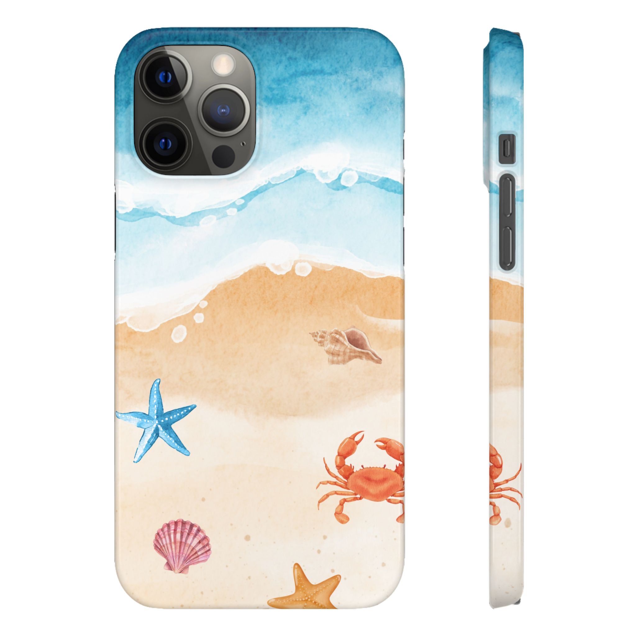 Beach Scene Phone Case — Watercolor Sand, Seashells & Crabs