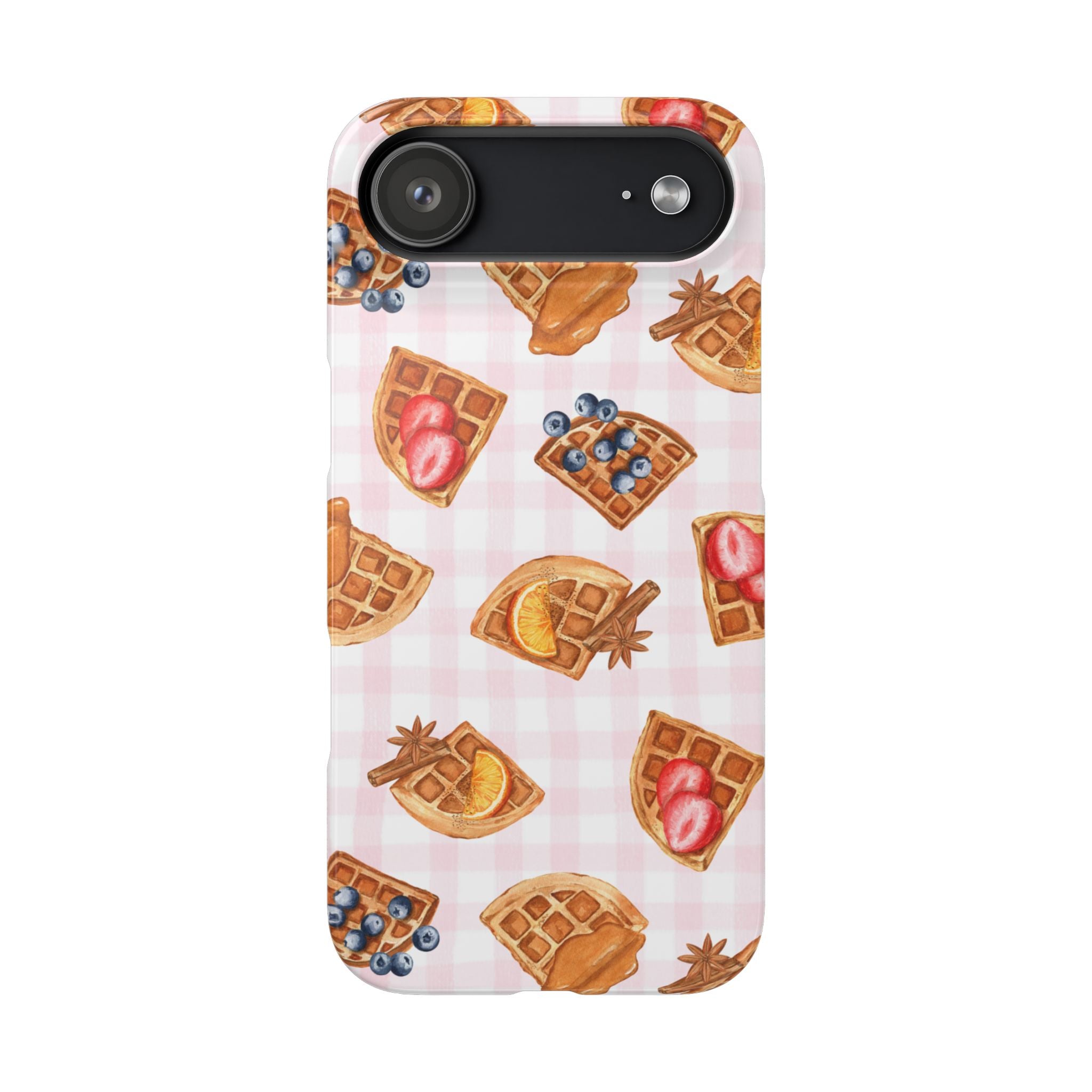 Waffle Picnic Phone Case — Cute Strawberry & Blueberry Waffles on Pink Gingham Snap Case
