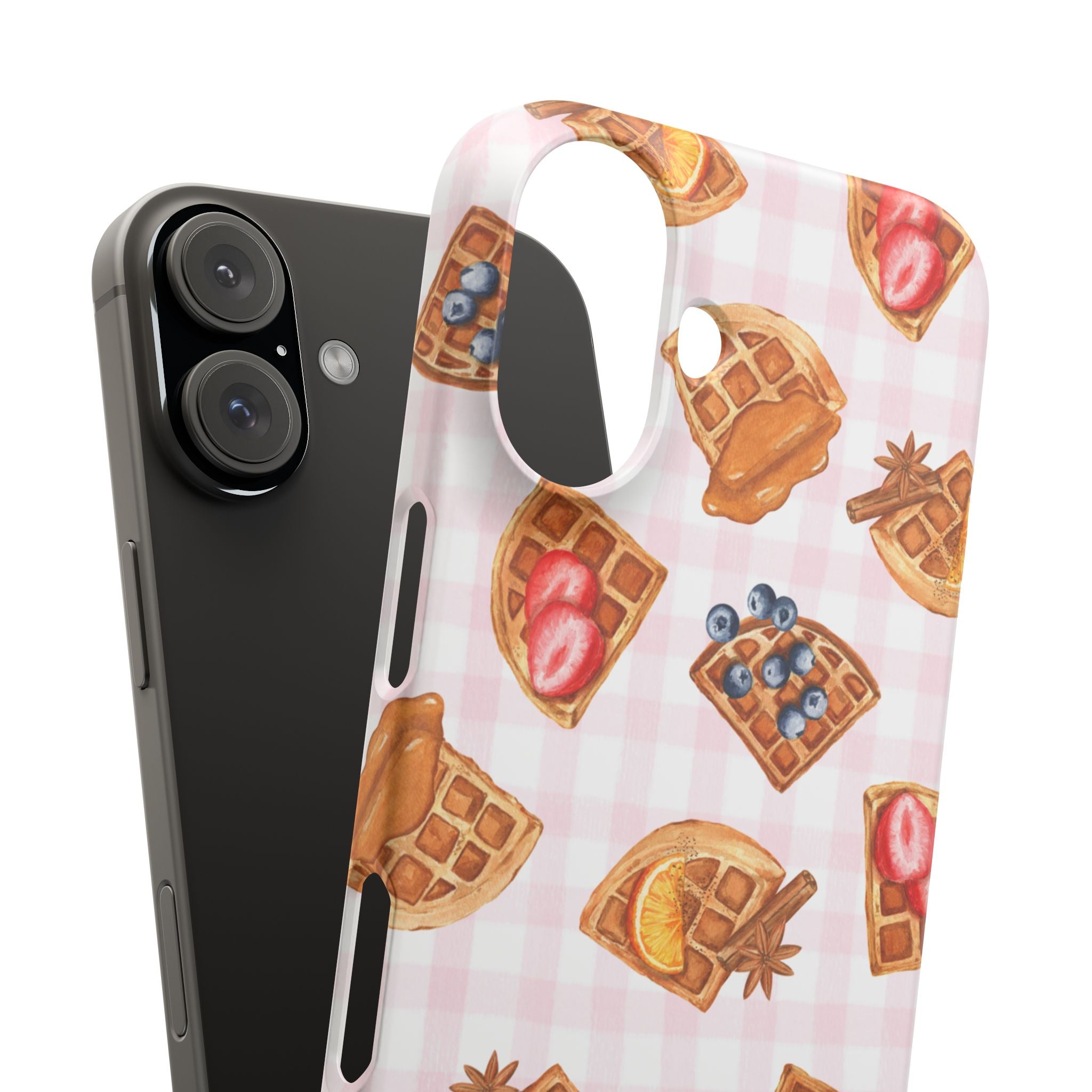 Waffle Picnic Phone Case — Cute Strawberry & Blueberry Waffles on Pink Gingham Snap Case