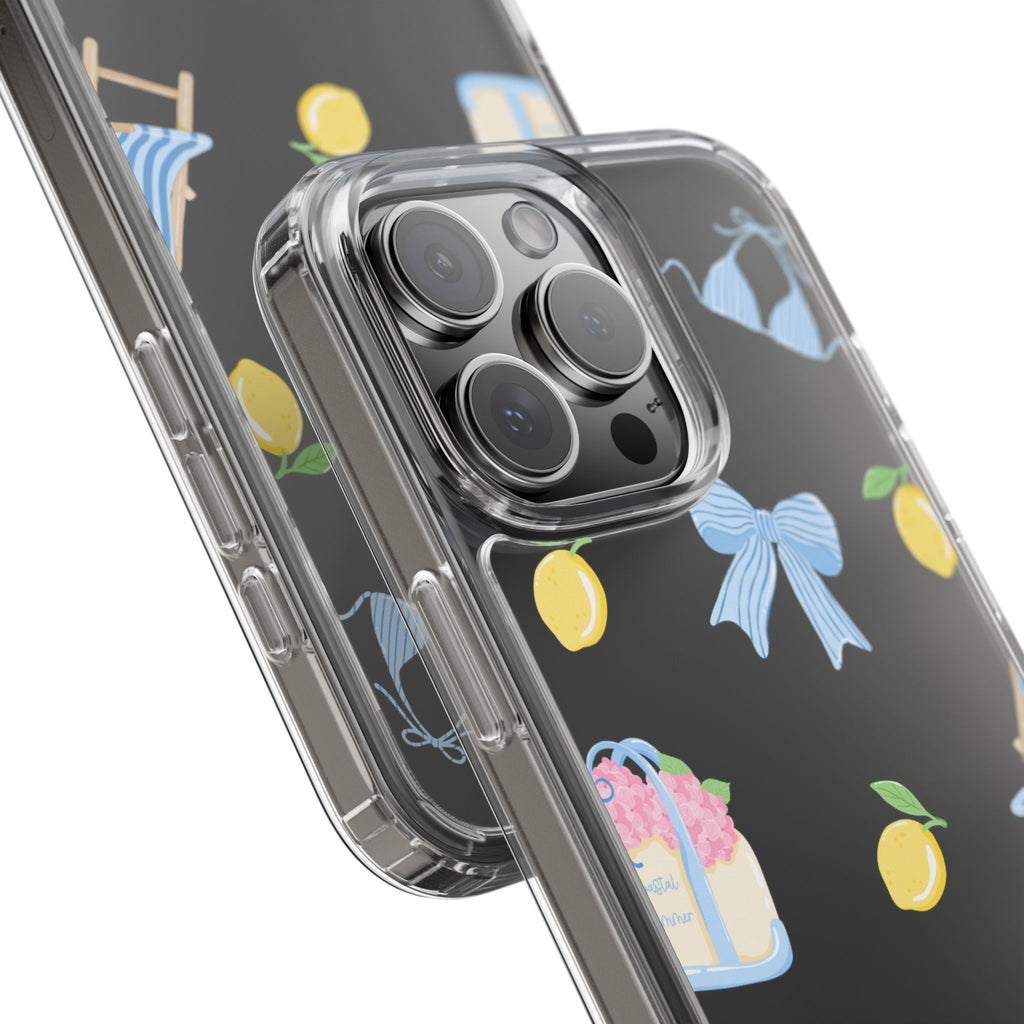Clear Phone Case — Summer Lemon & Bow Pattern (bikini, beach chair, cake)