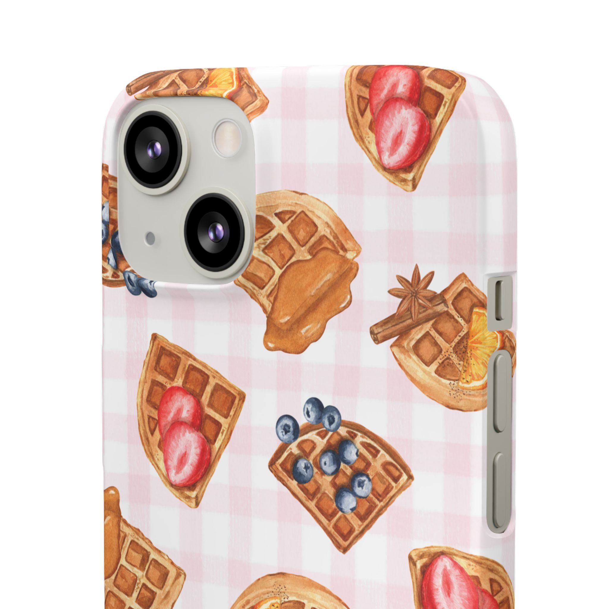 Waffle Picnic Phone Case — Cute Strawberry & Blueberry Waffles on Pink Gingham Snap Case