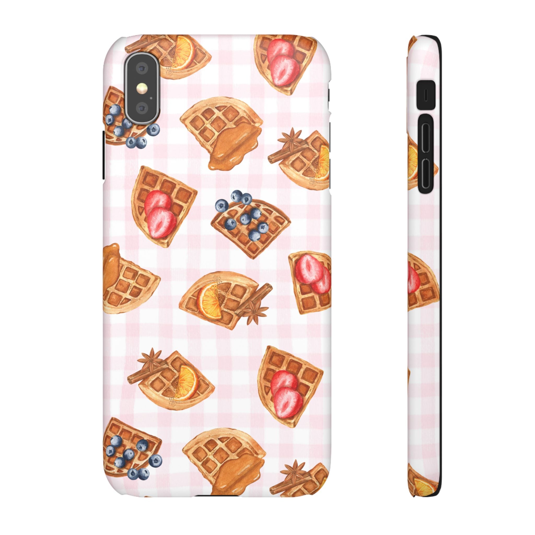 Waffle Picnic Phone Case — Cute Strawberry & Blueberry Waffles on Pink Gingham Snap Case