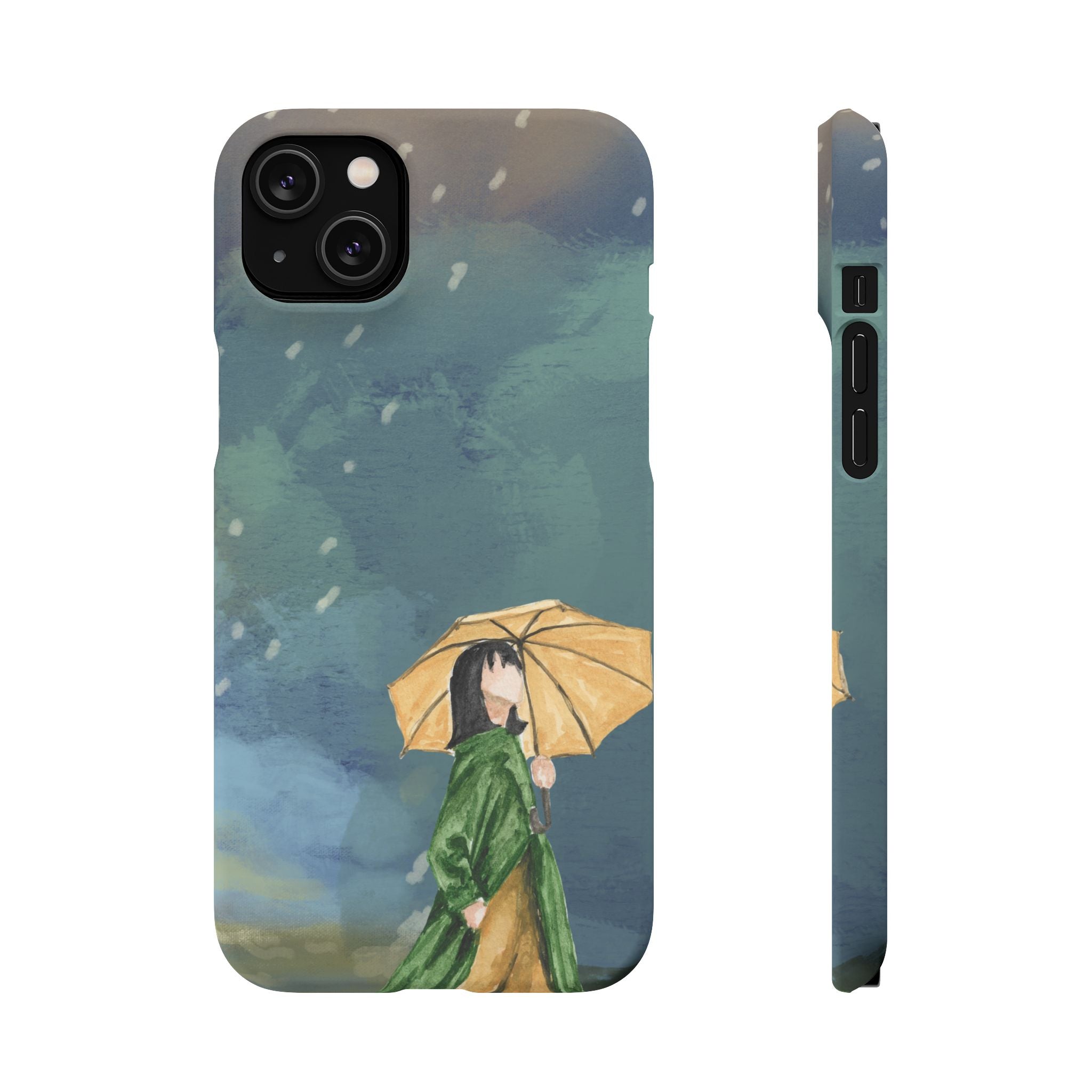 Artistic Rainfall Phone Case – Woman with Umbrella Design
