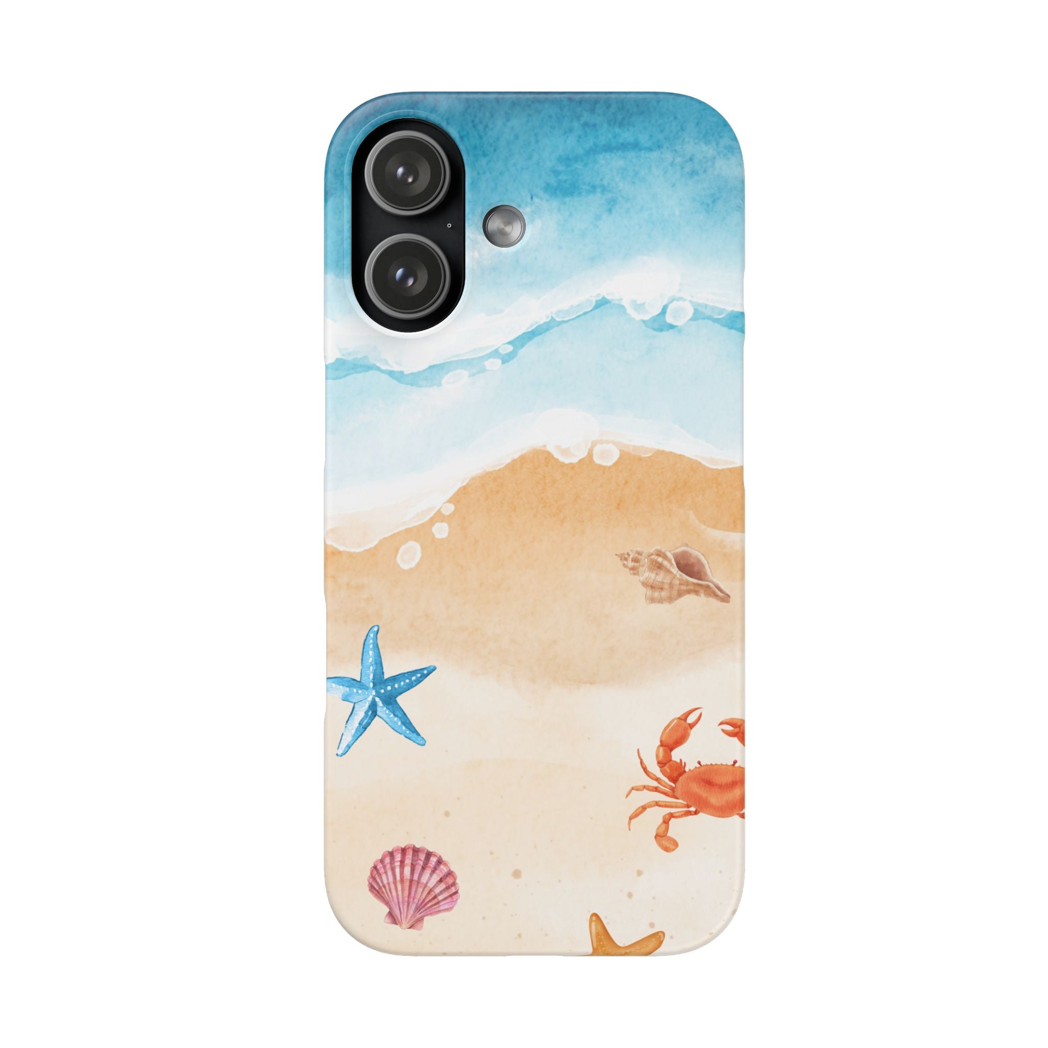 Beach Scene Phone Case — Watercolor Sand, Seashells & Crabs