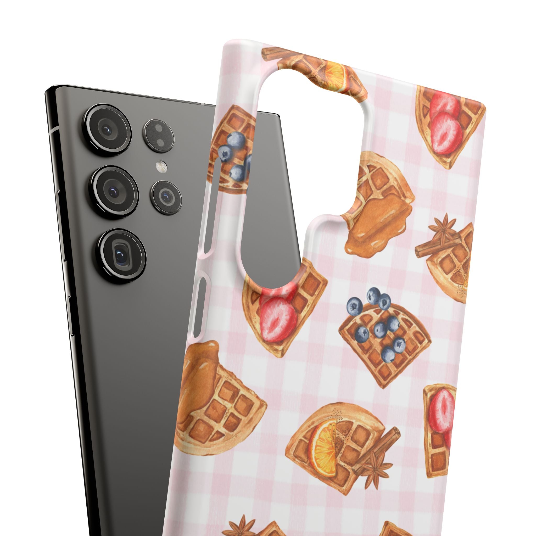 Waffle Picnic Phone Case — Cute Strawberry & Blueberry Waffles on Pink Gingham Snap Case