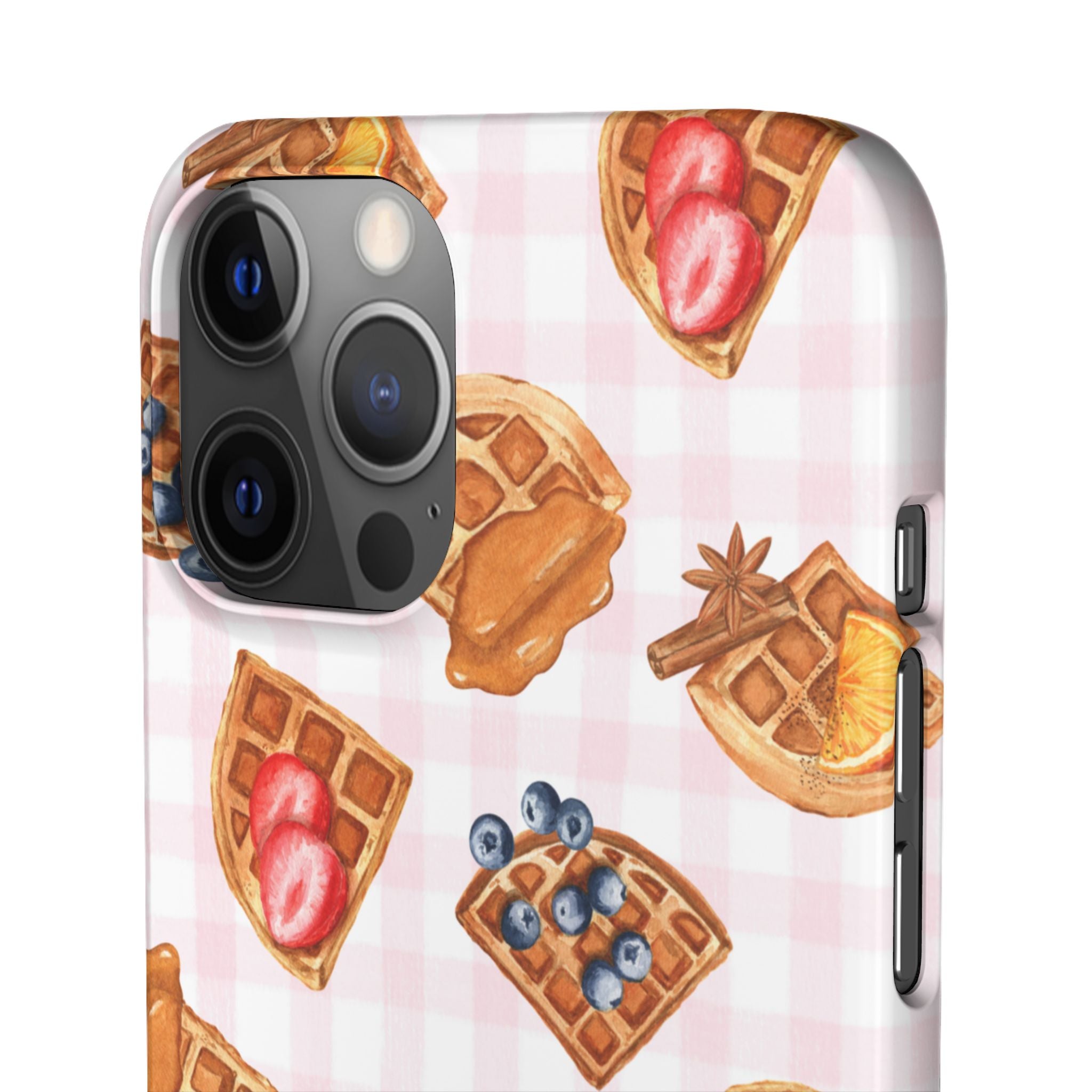 Waffle Picnic Phone Case — Cute Strawberry & Blueberry Waffles on Pink Gingham Snap Case