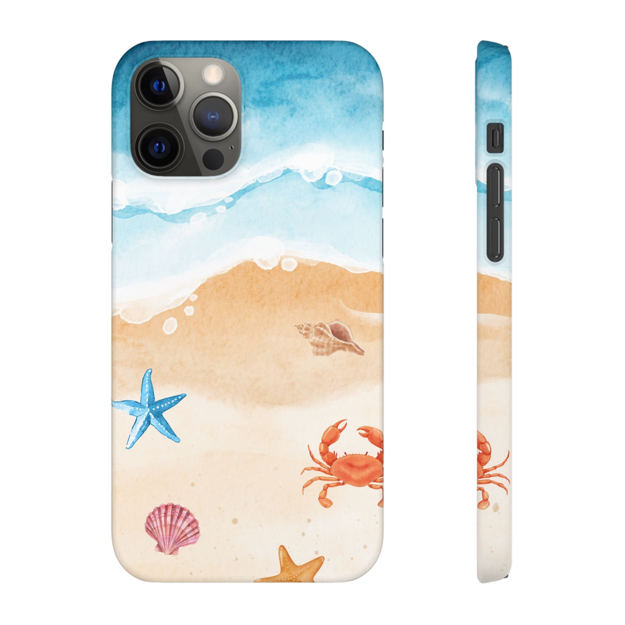 Beach Scene Phone Case — Watercolor Sand, Seashells & Crabs