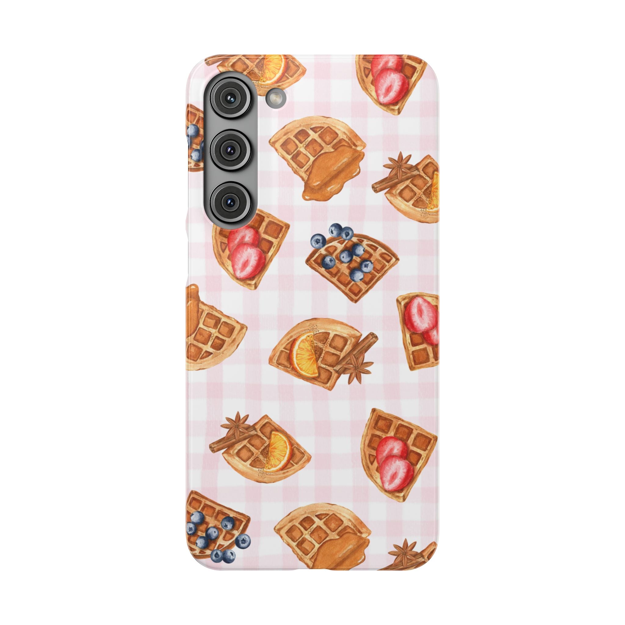 Waffle Picnic Phone Case — Cute Strawberry & Blueberry Waffles on Pink Gingham Snap Case