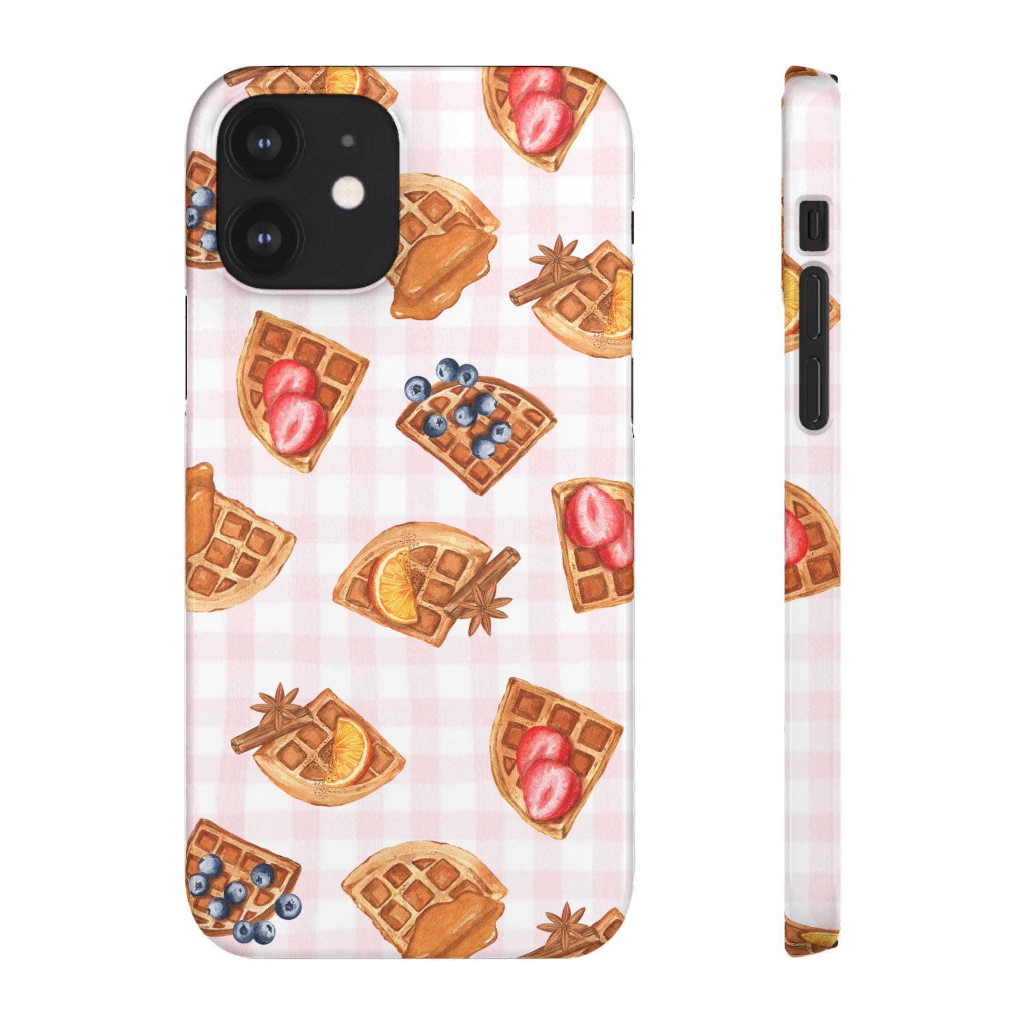 Waffle Picnic Phone Case — Cute Strawberry & Blueberry Waffles on Pink Gingham Snap Case