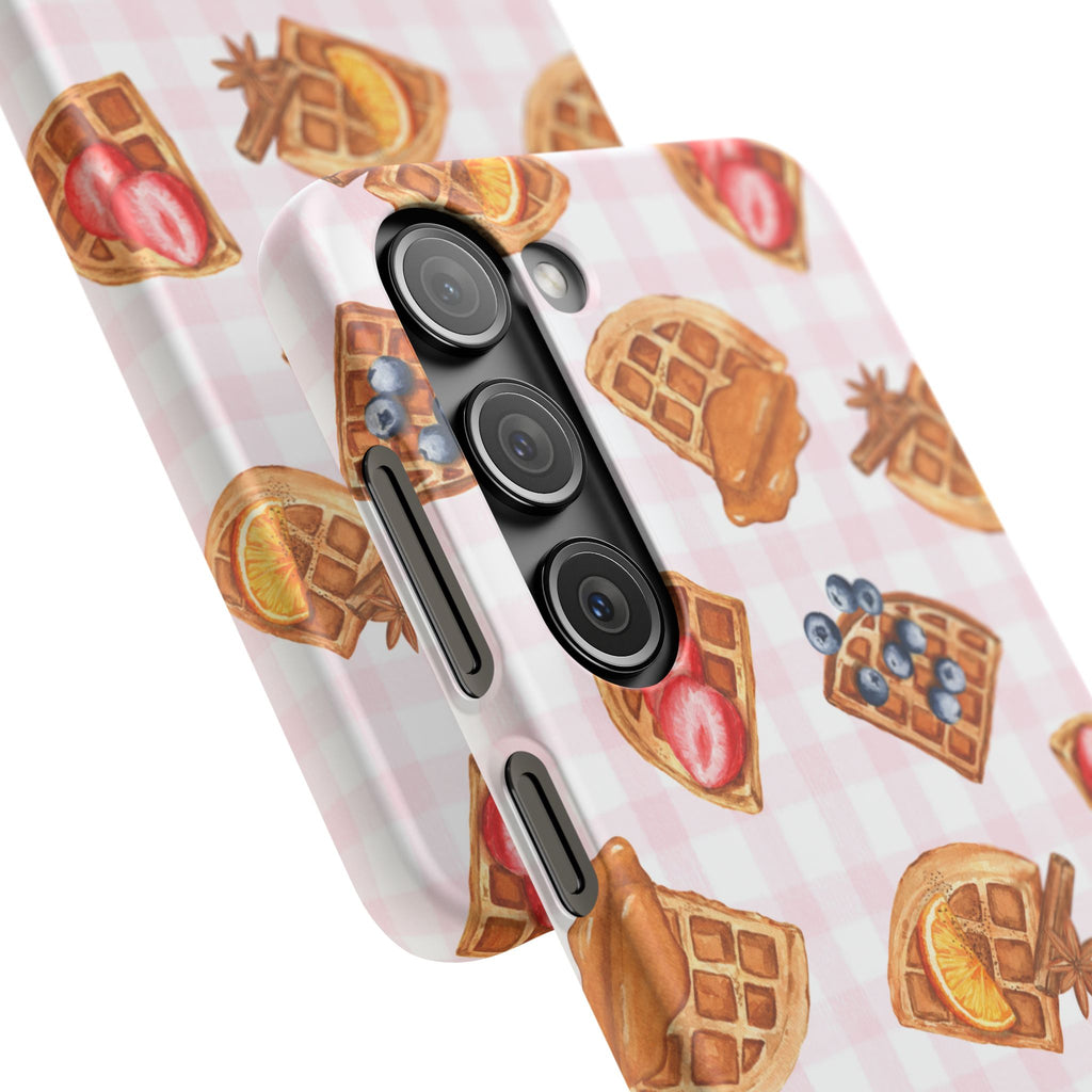 Waffle Picnic Phone Case — Cute Strawberry & Blueberry Waffles on Pink Gingham Snap Case