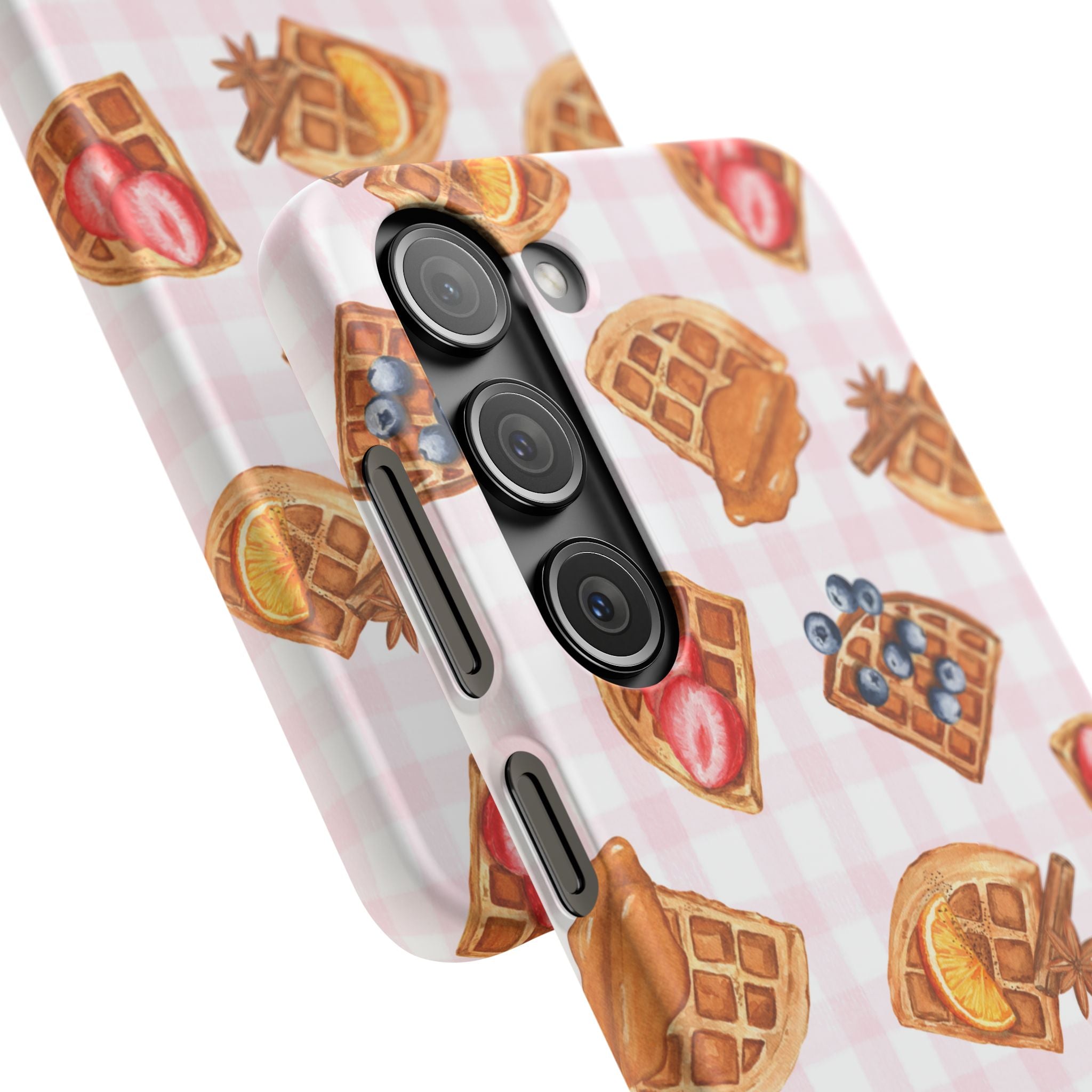Waffle Picnic Phone Case — Cute Strawberry & Blueberry Waffles on Pink Gingham Snap Case