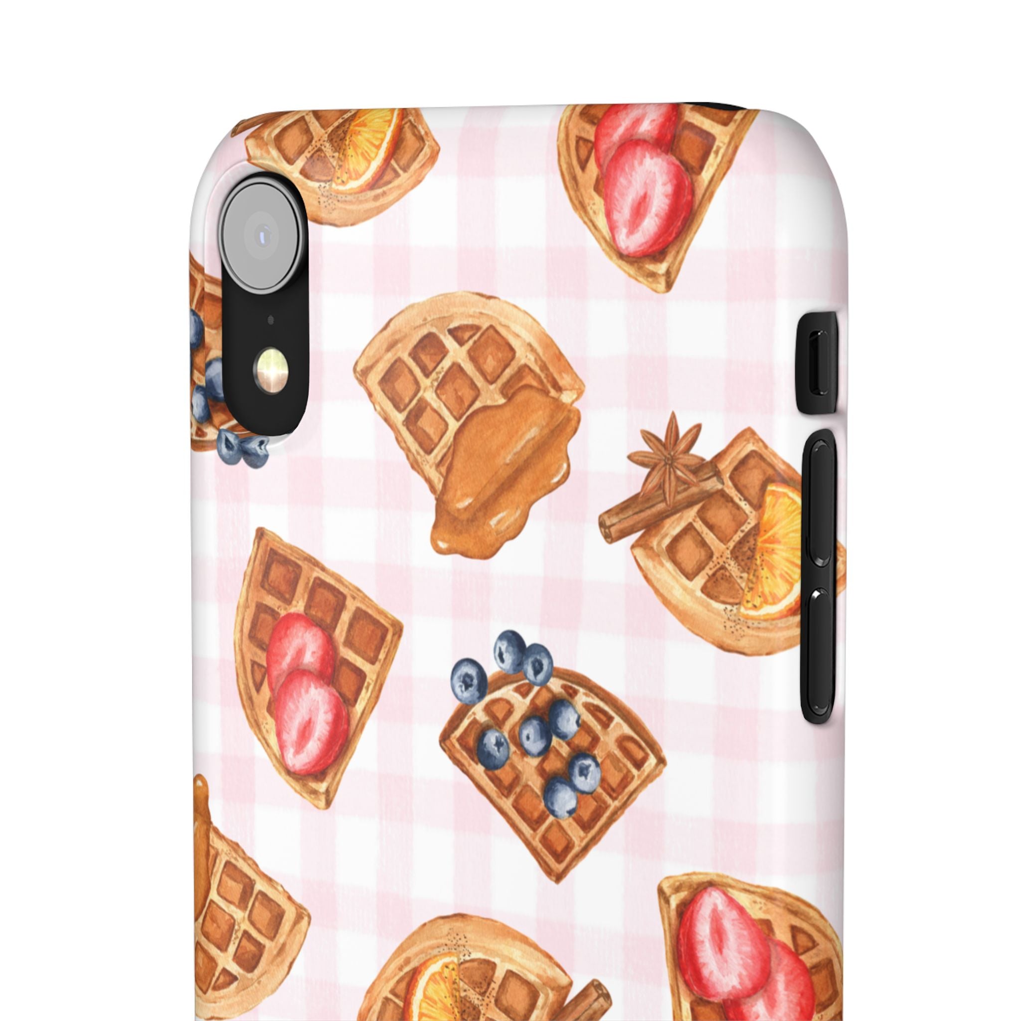 Waffle Picnic Phone Case — Cute Strawberry & Blueberry Waffles on Pink Gingham Snap Case