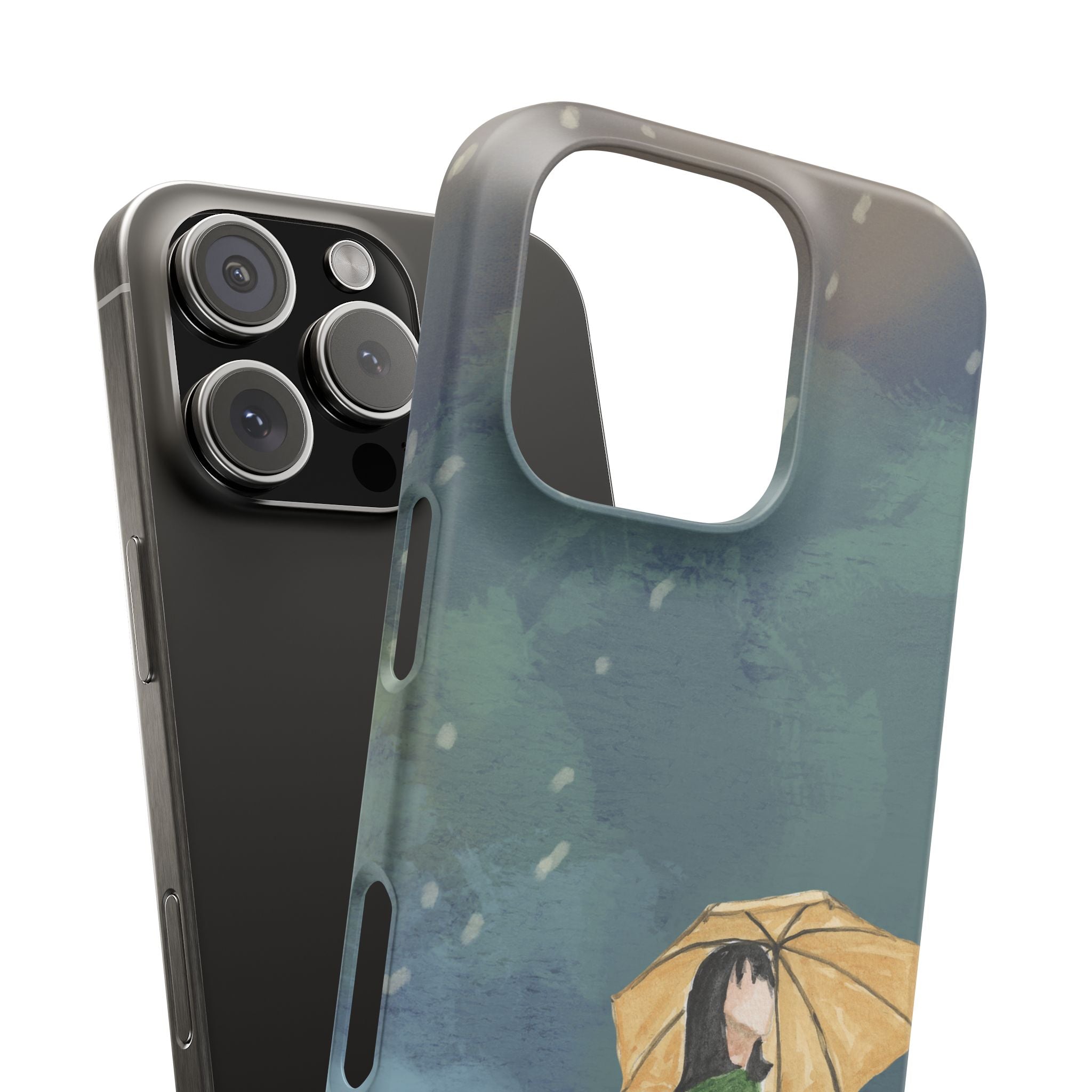 Artistic Rainfall Phone Case – Woman with Umbrella Design