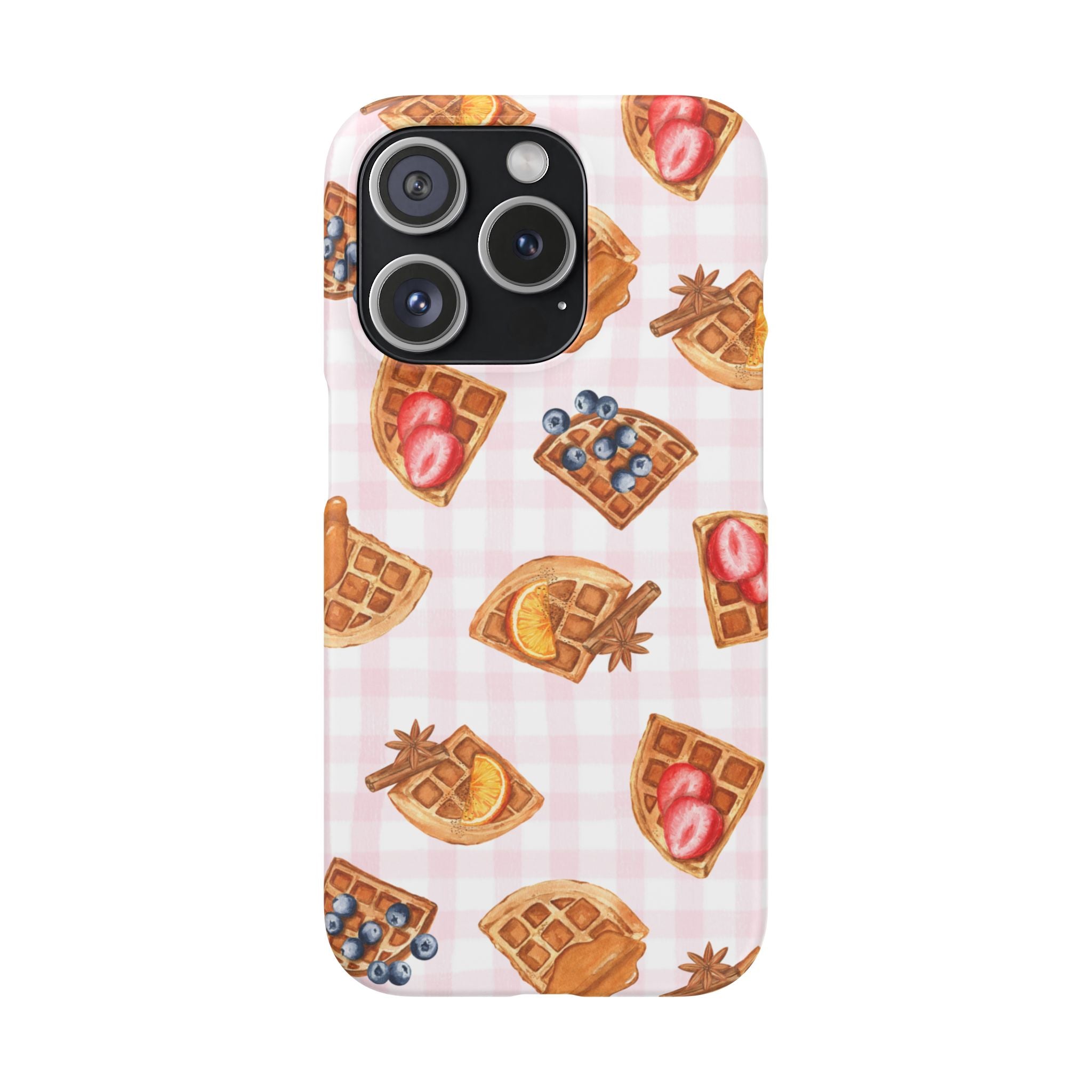 Waffle Picnic Phone Case — Cute Strawberry & Blueberry Waffles on Pink Gingham Snap Case