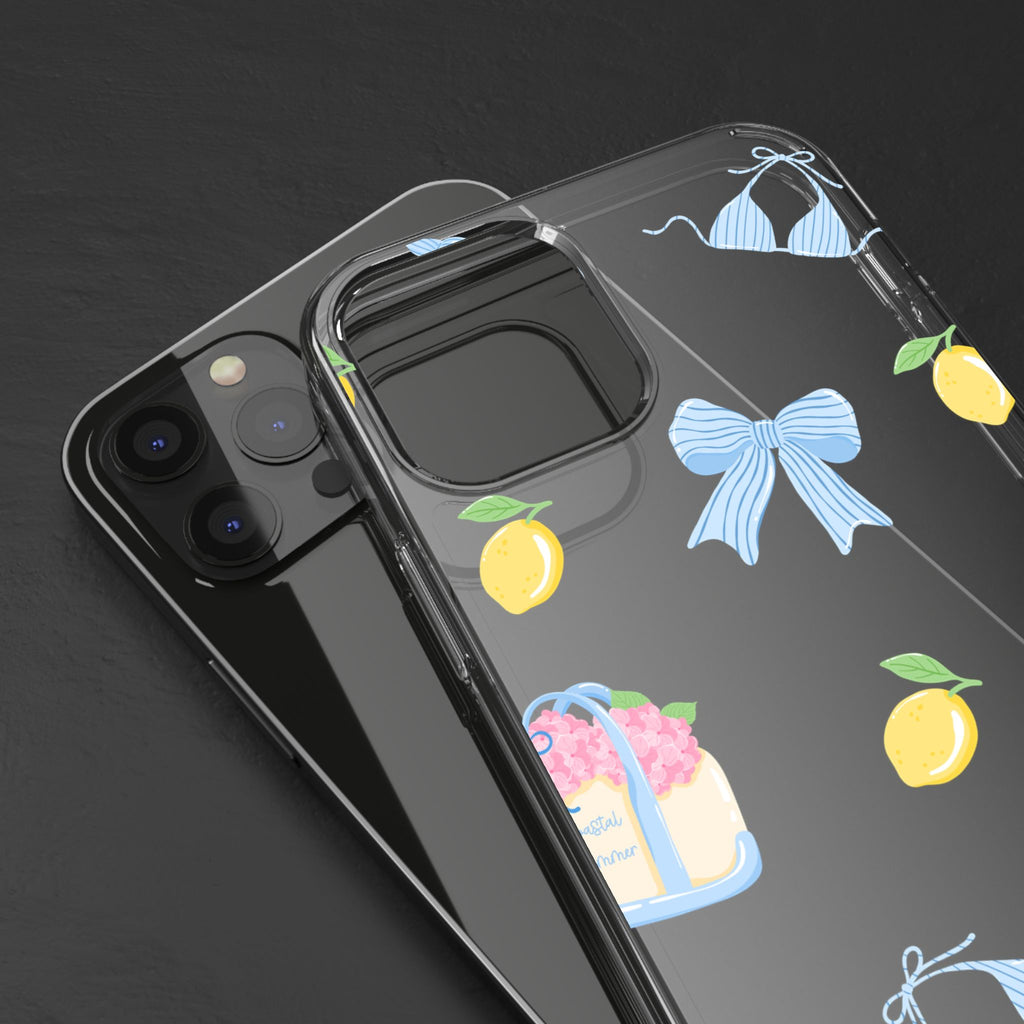 Clear Phone Case — Summer Lemon & Bow Pattern (bikini, beach chair, cake)