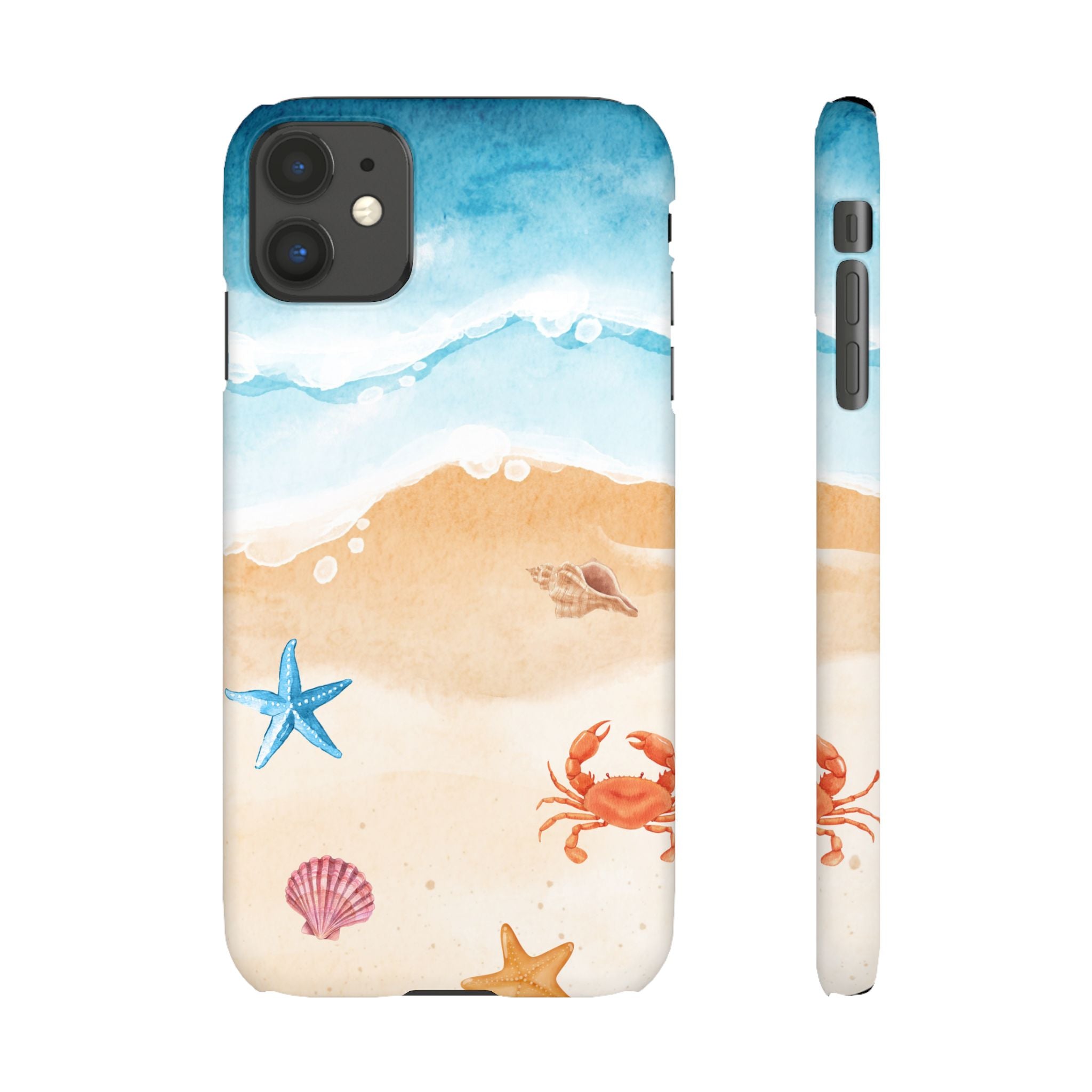 Beach Scene Phone Case — Watercolor Sand, Seashells & Crabs