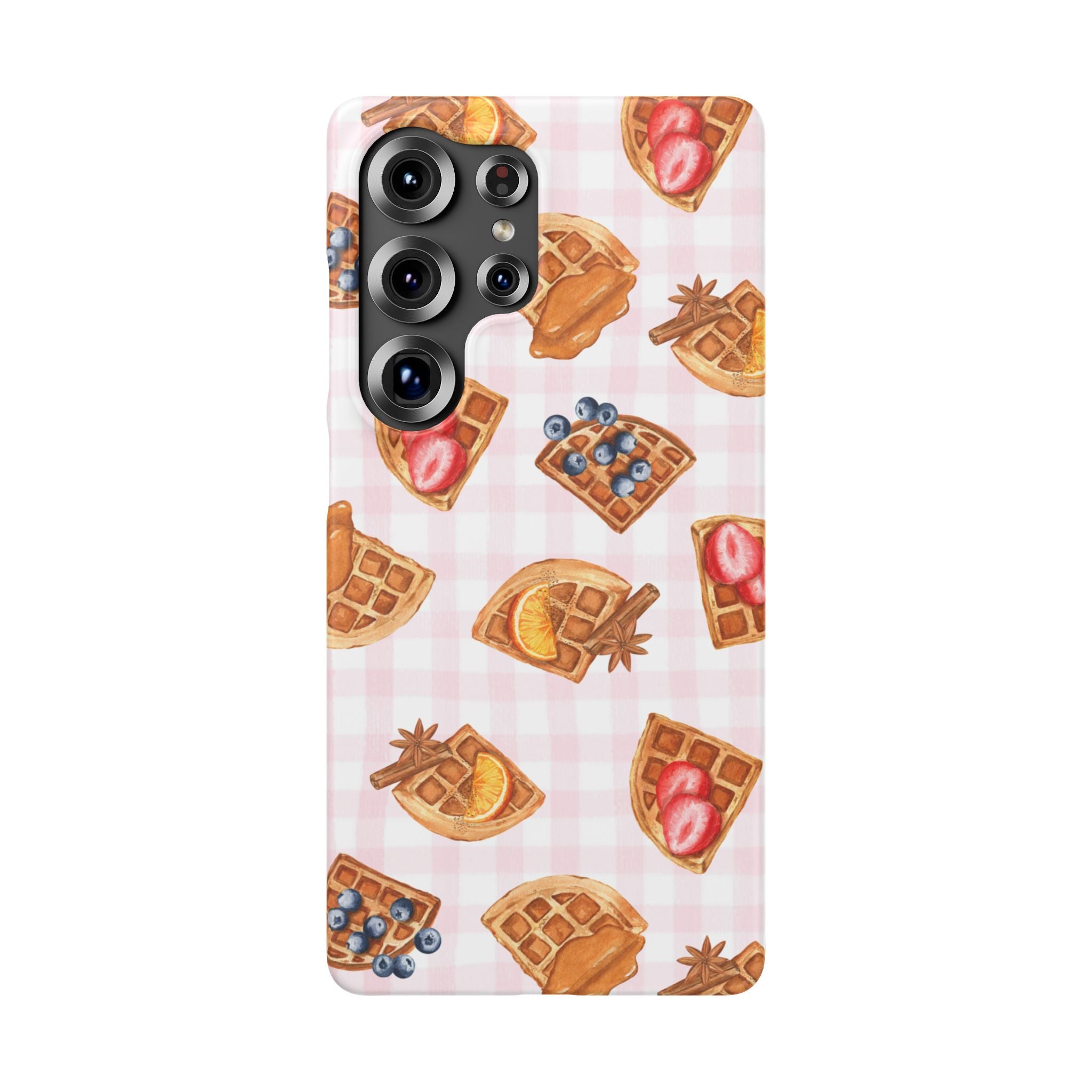 Waffle Picnic Phone Case — Cute Strawberry & Blueberry Waffles on Pink Gingham Snap Case