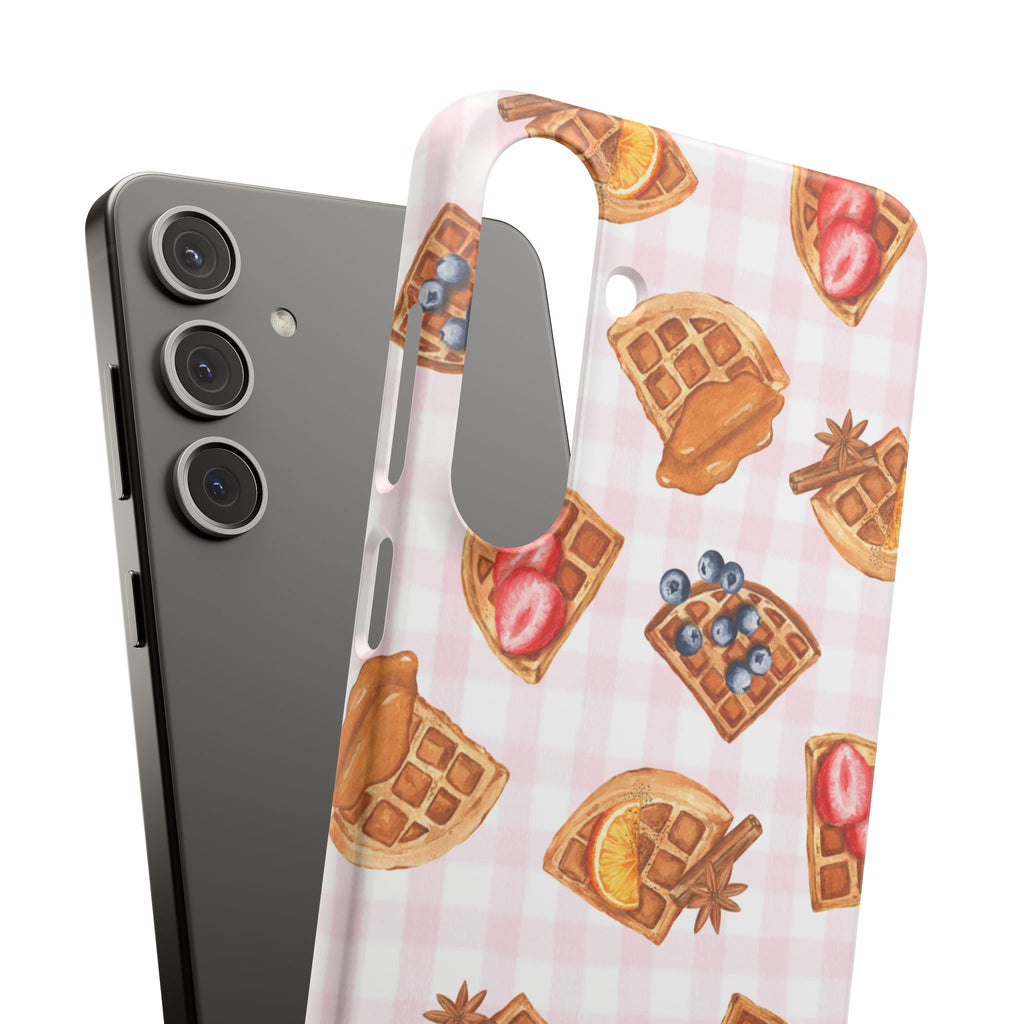 Waffle Picnic Phone Case — Cute Strawberry & Blueberry Waffles on Pink Gingham Snap Case