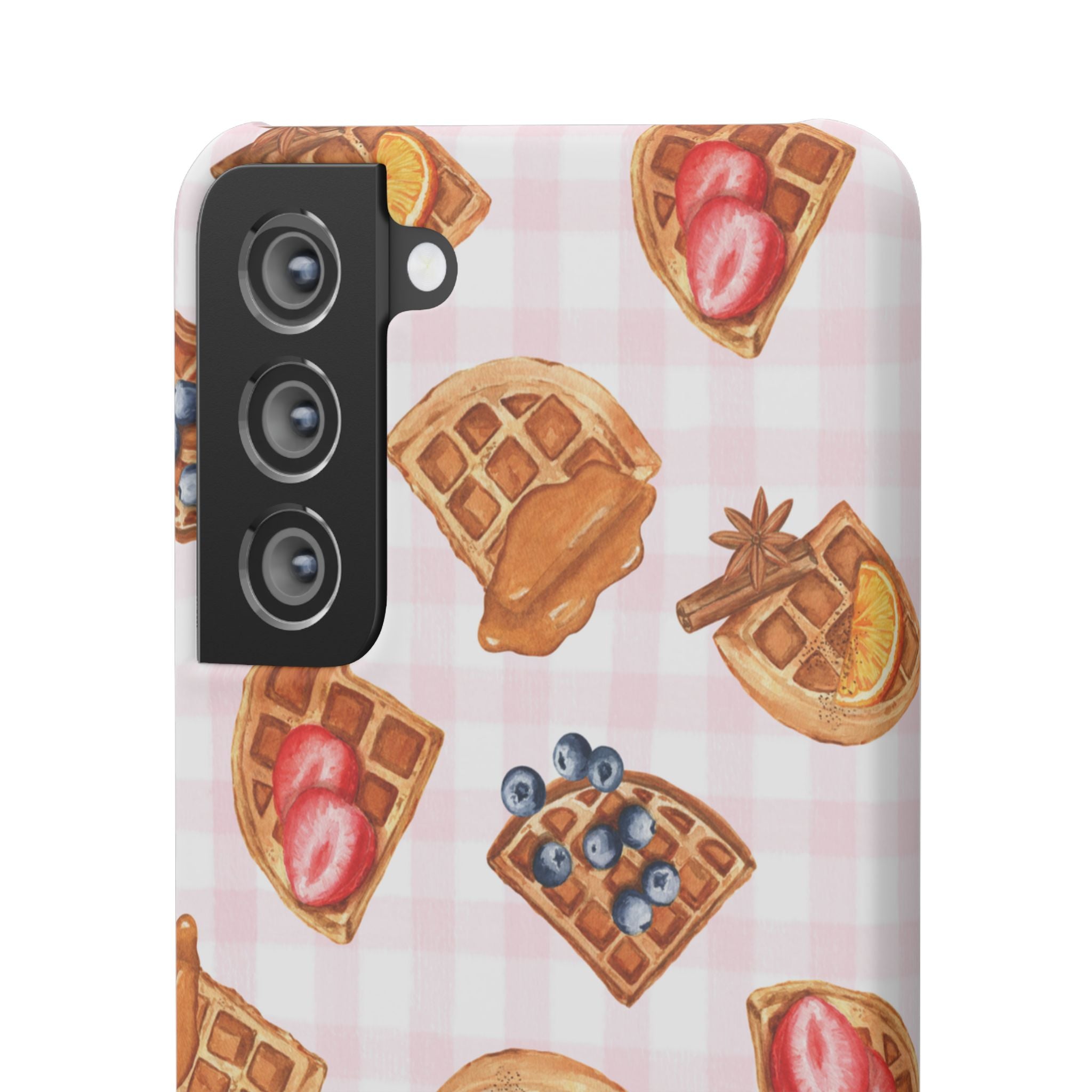 Waffle Picnic Phone Case — Cute Strawberry & Blueberry Waffles on Pink Gingham Snap Case