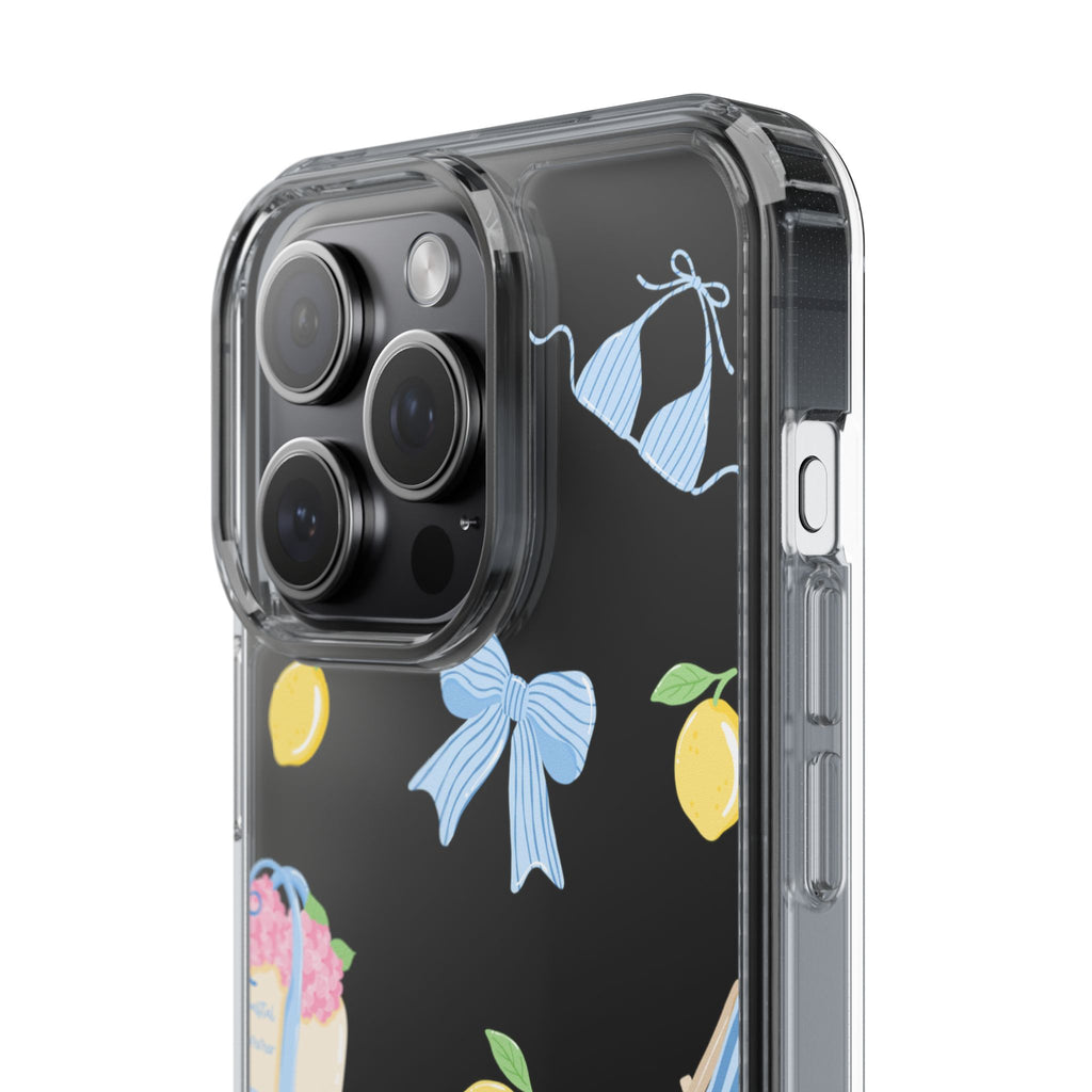 Clear Phone Case — Summer Lemon & Bow Pattern (bikini, beach chair, cake)