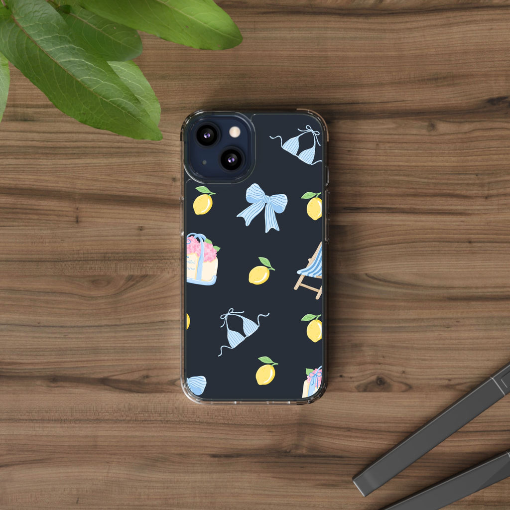 Clear Phone Case — Summer Lemon & Bow Pattern (bikini, beach chair, cake)