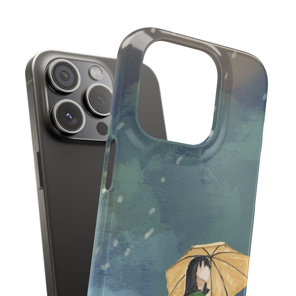 Artistic Rainfall Phone Case – Woman with Umbrella Design