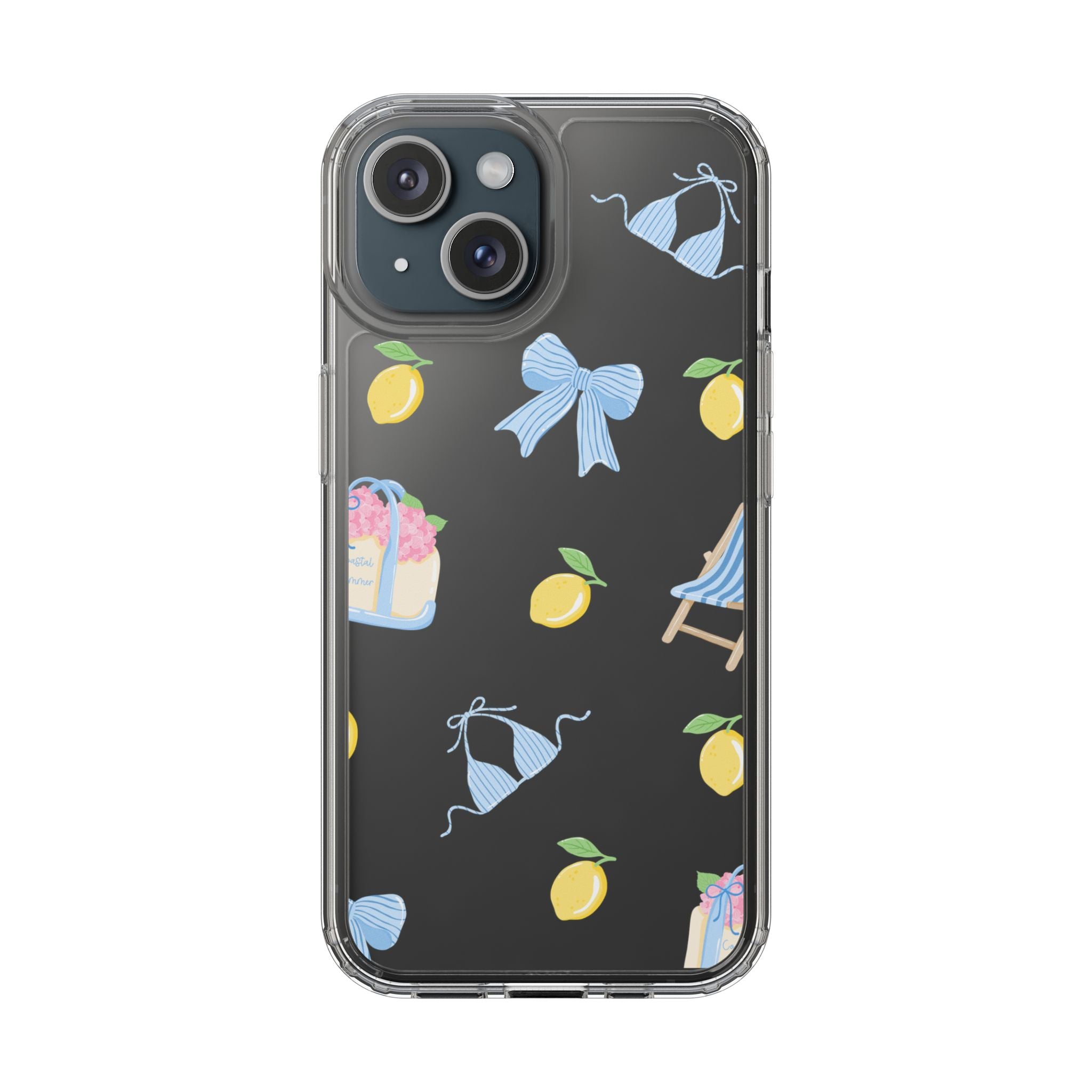 Clear Phone Case — Summer Lemon & Bow Pattern (bikini, beach chair, cake)