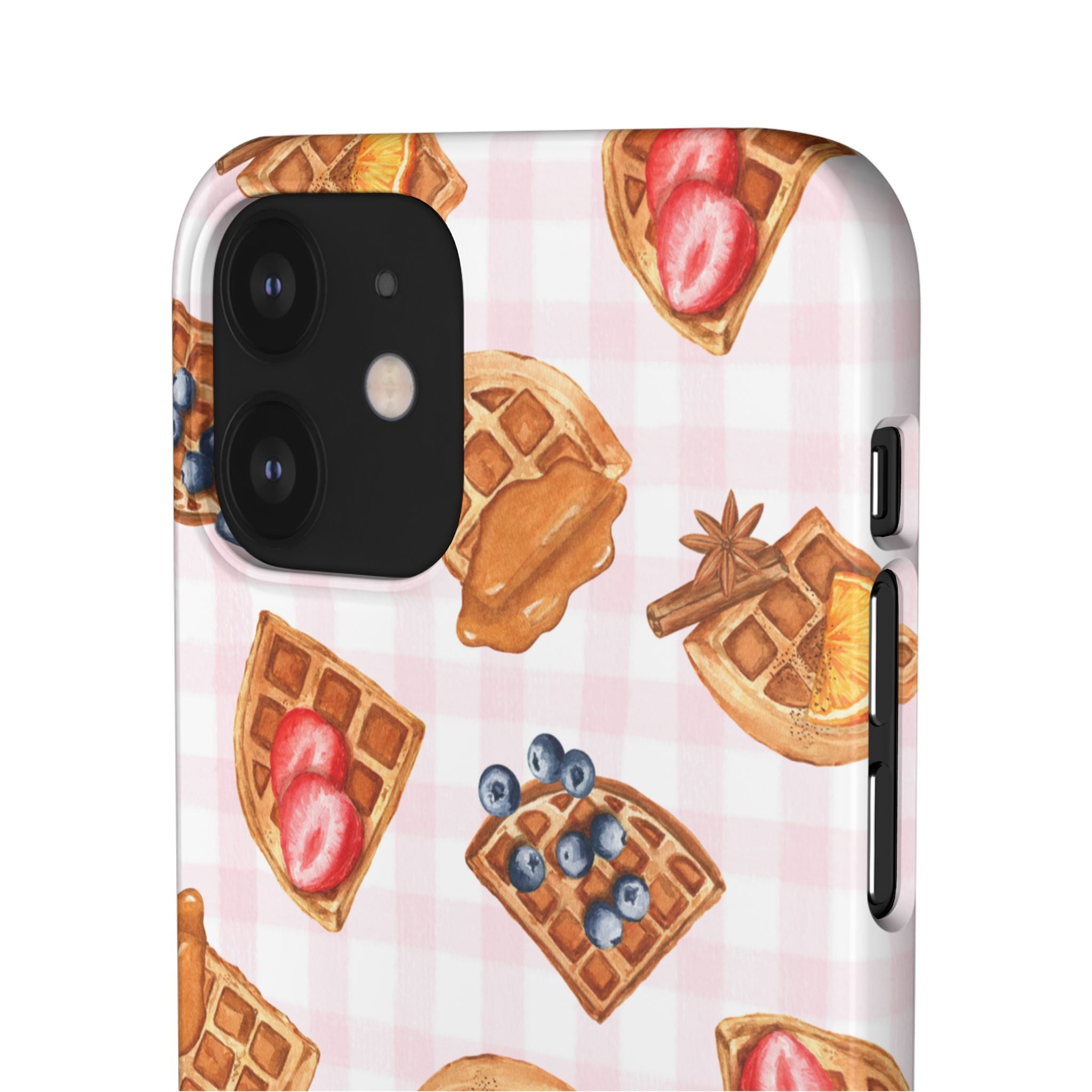 Waffle Picnic Phone Case — Cute Strawberry & Blueberry Waffles on Pink Gingham Snap Case