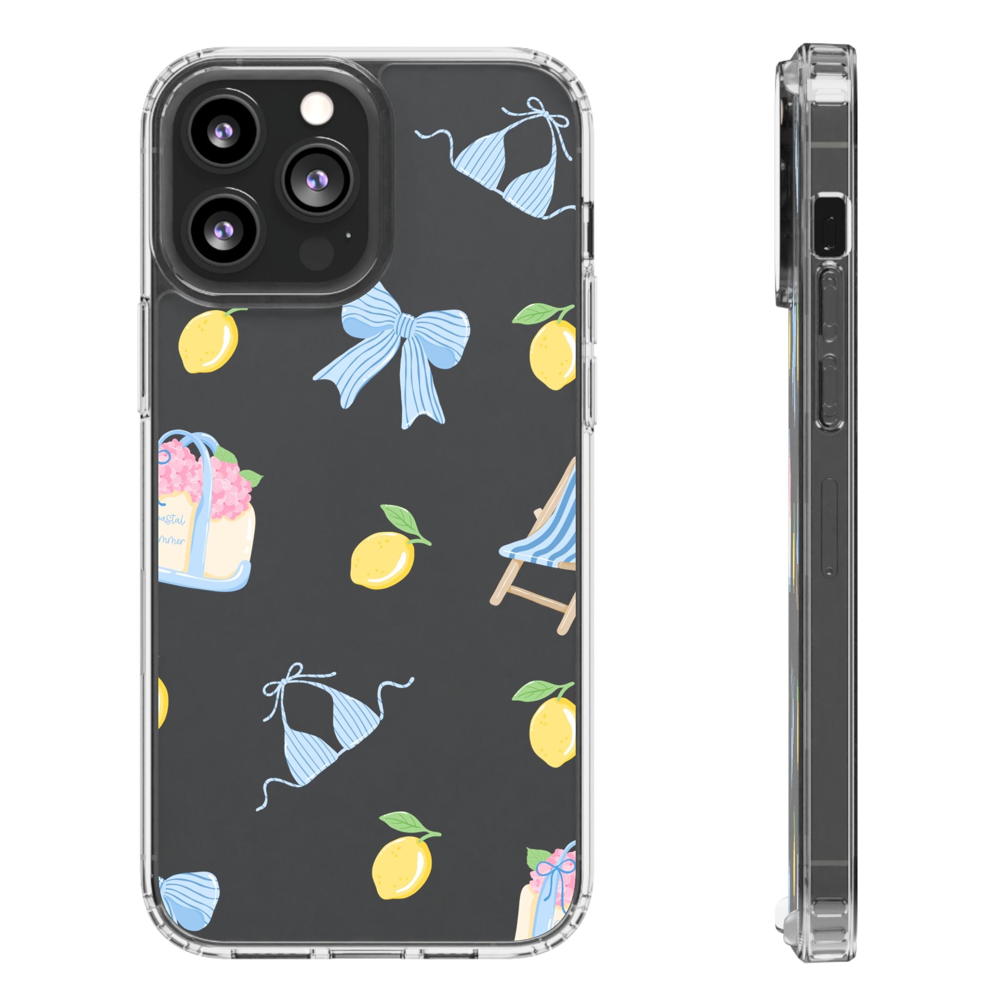 Clear Phone Case — Summer Lemon & Bow Pattern (bikini, beach chair, cake)