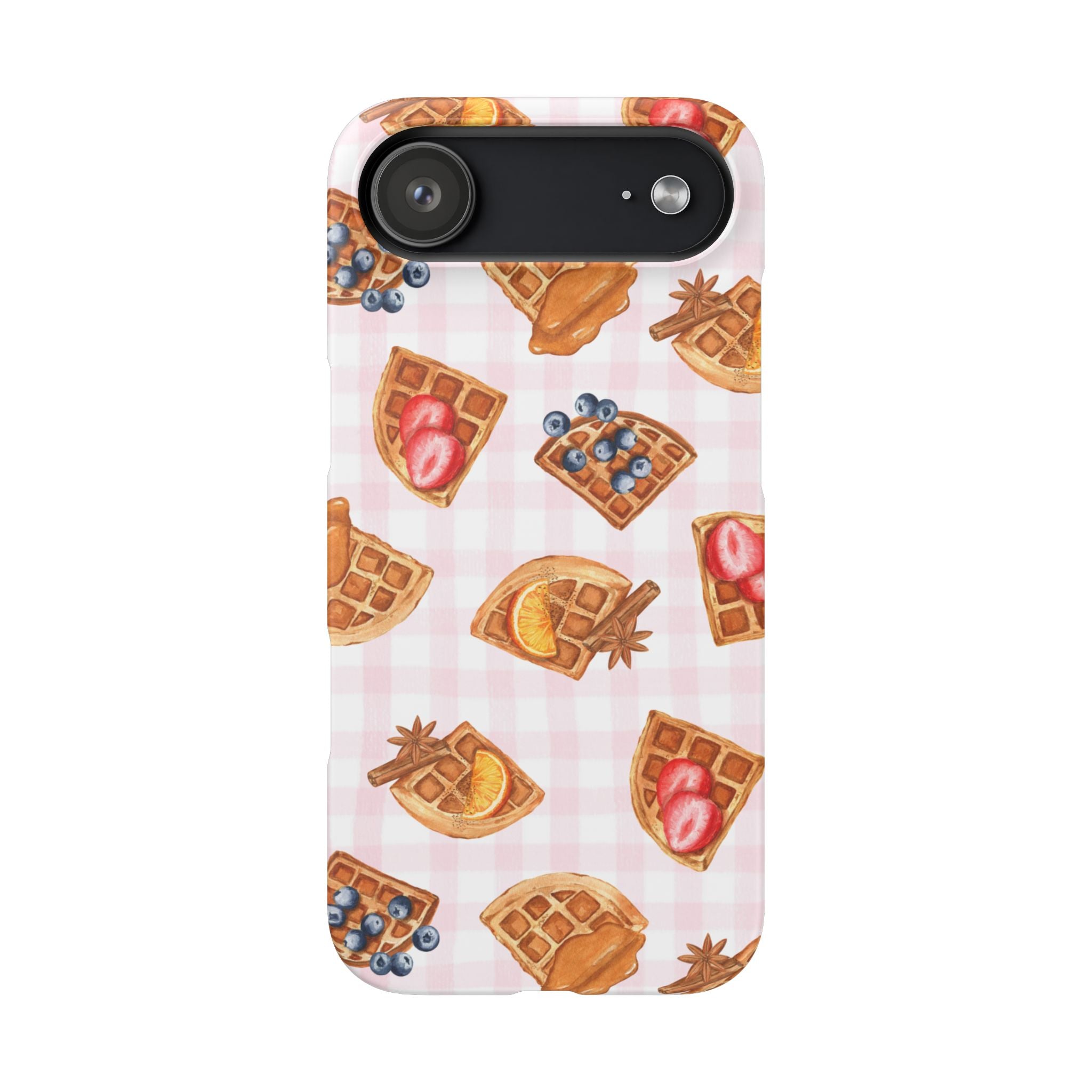 Waffle Picnic Phone Case — Cute Strawberry & Blueberry Waffles on Pink Gingham Snap Case