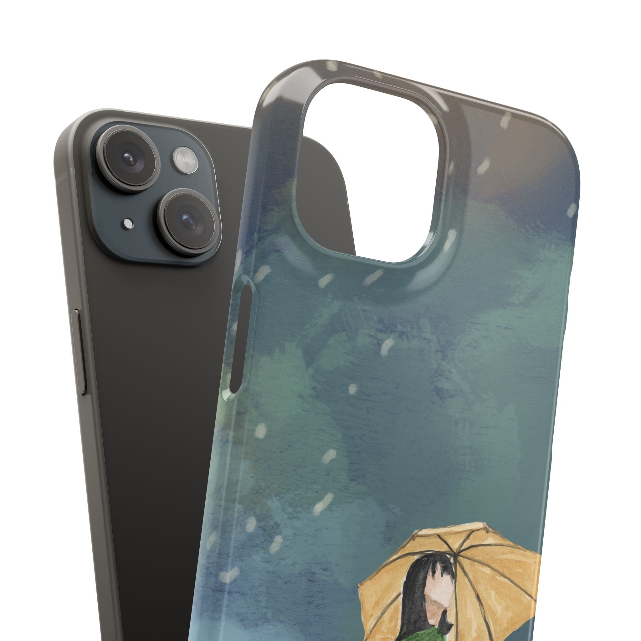 Artistic Rainfall Phone Case – Woman with Umbrella Design