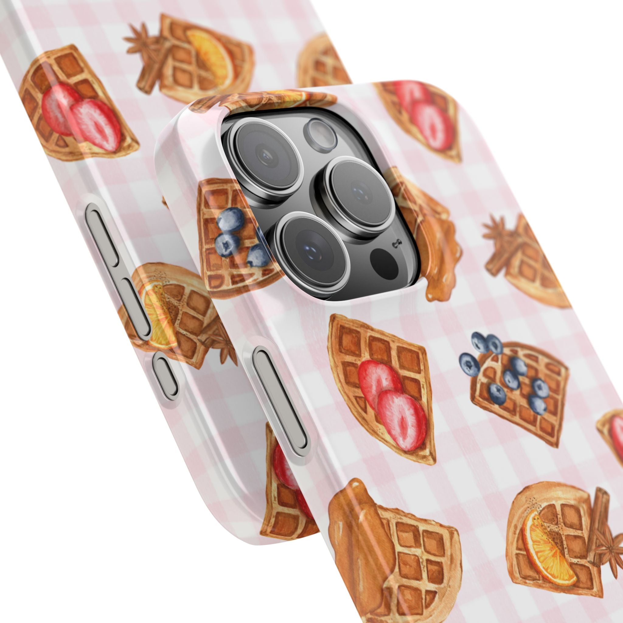 Waffle Picnic Phone Case — Cute Strawberry & Blueberry Waffles on Pink Gingham Snap Case