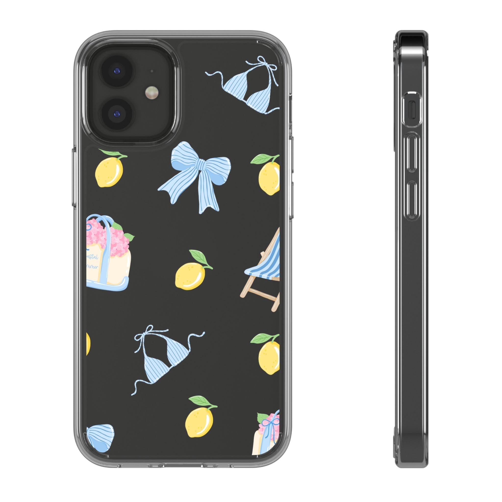 Clear Phone Case — Summer Lemon & Bow Pattern (bikini, beach chair, cake)