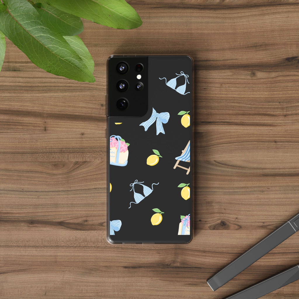 Clear Phone Case — Summer Lemon & Bow Pattern (bikini, beach chair, cake)