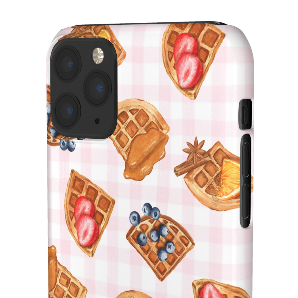 Waffle Picnic Phone Case — Cute Strawberry & Blueberry Waffles on Pink Gingham Snap Case