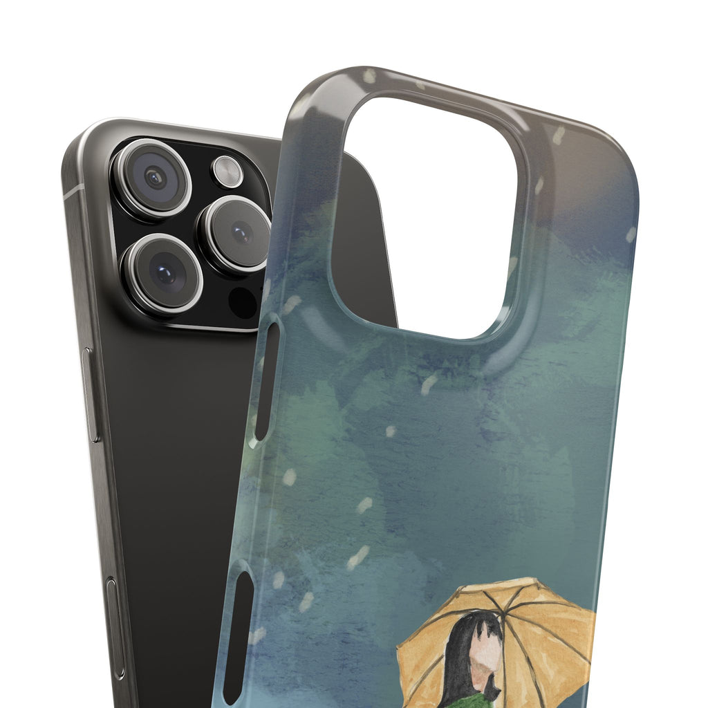 Artistic Rainfall Phone Case – Woman with Umbrella Design