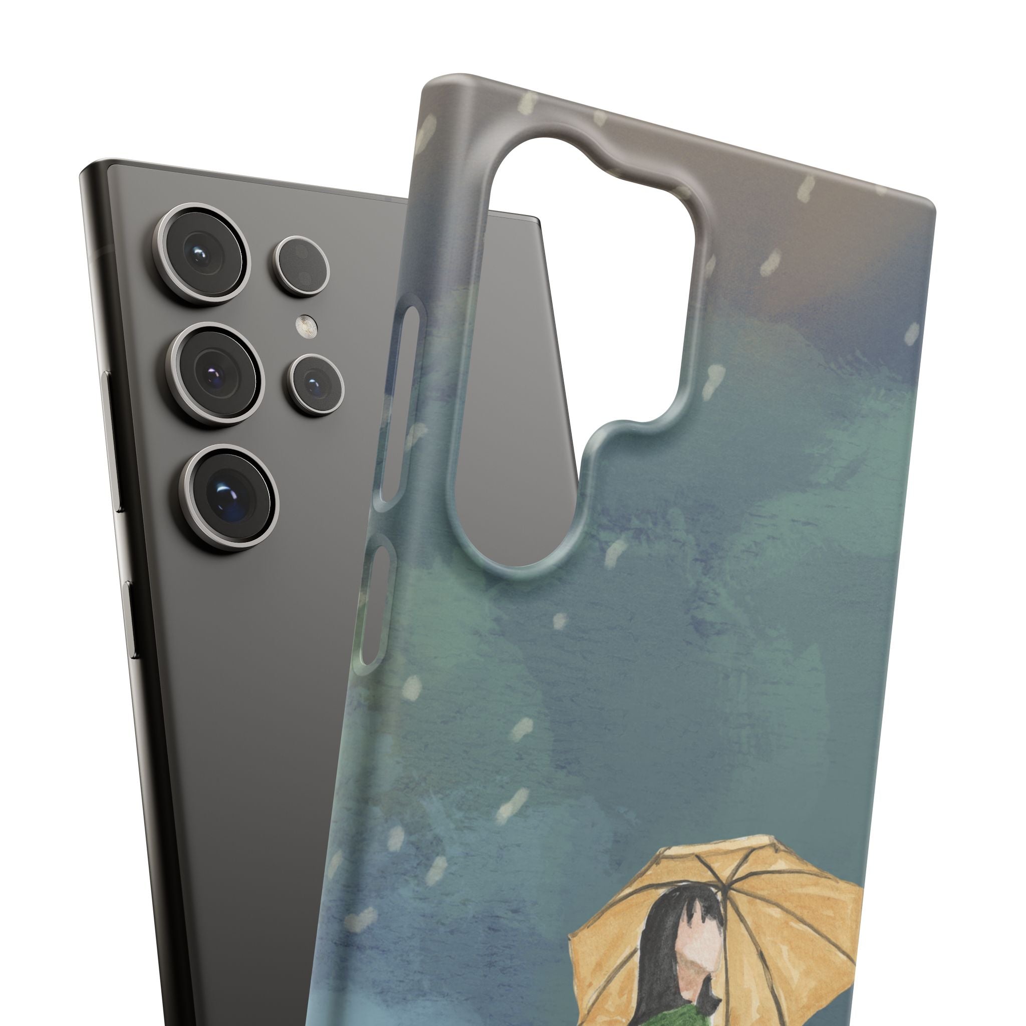 Artistic Rainfall Phone Case – Woman with Umbrella Design