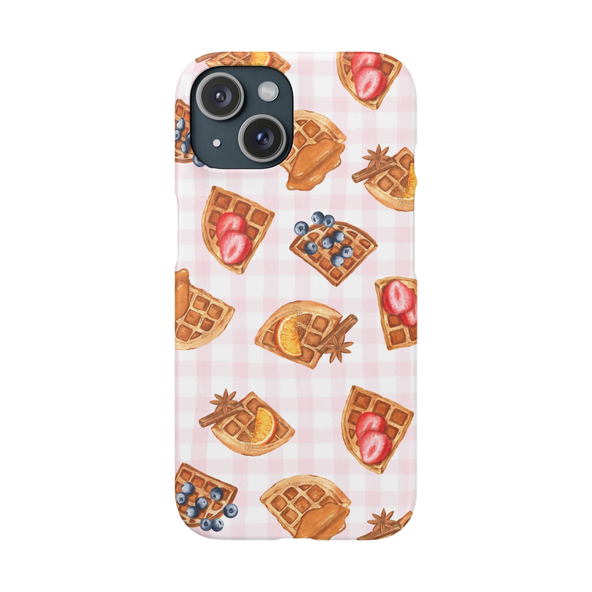Waffle Picnic Phone Case — Cute Strawberry & Blueberry Waffles on Pink Gingham Snap Case