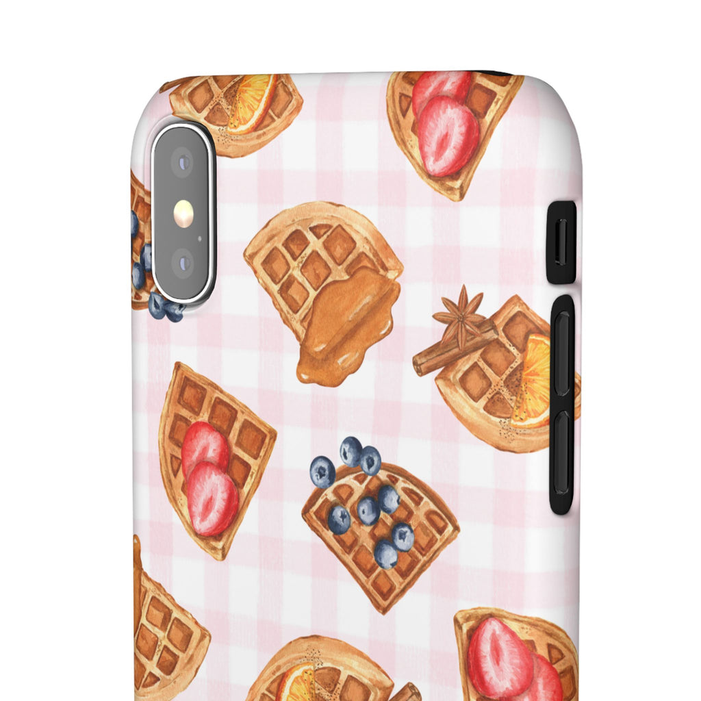 Waffle Picnic Phone Case — Cute Strawberry & Blueberry Waffles on Pink Gingham Snap Case