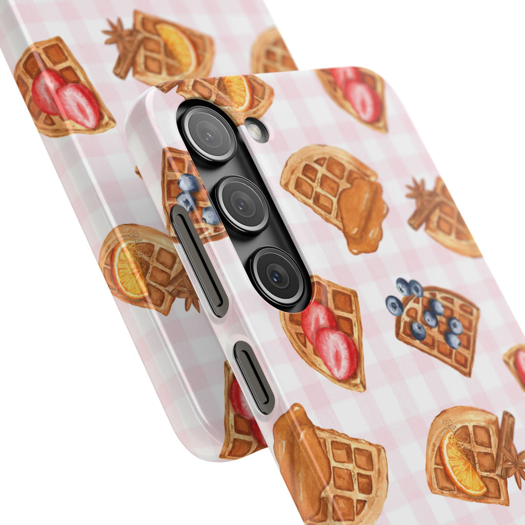 Waffle Picnic Phone Case — Cute Strawberry & Blueberry Waffles on Pink Gingham Snap Case