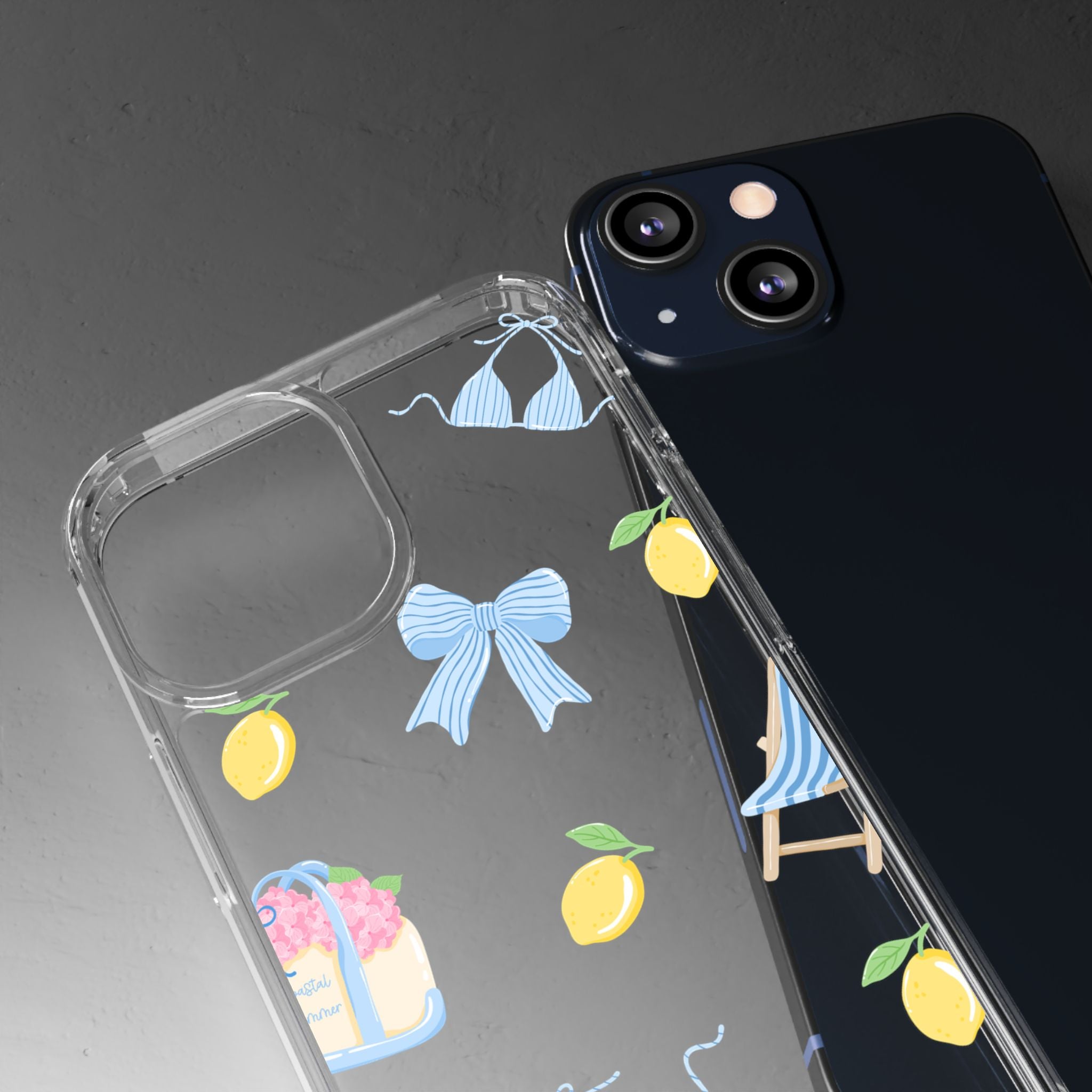 Clear Phone Case — Summer Lemon & Bow Pattern (bikini, beach chair, cake)