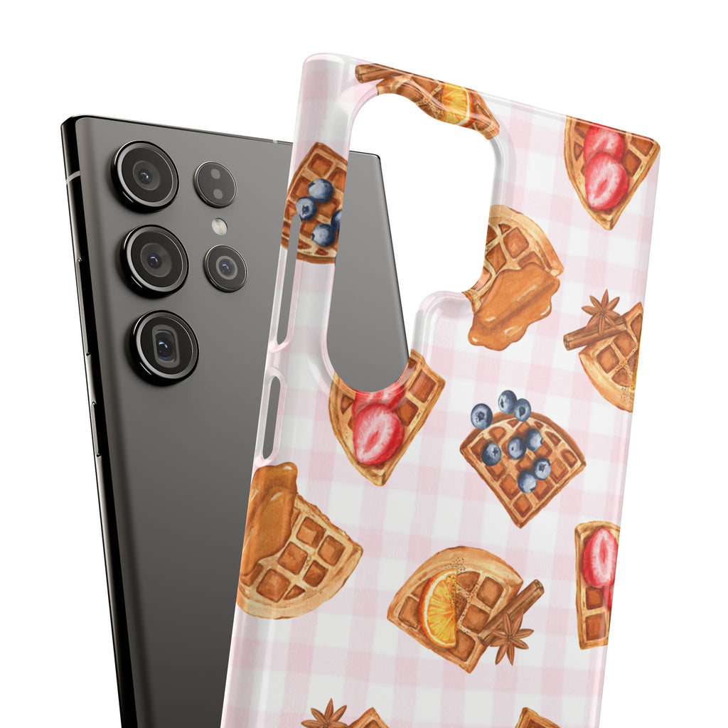 Waffle Picnic Phone Case — Cute Strawberry & Blueberry Waffles on Pink Gingham Snap Case
