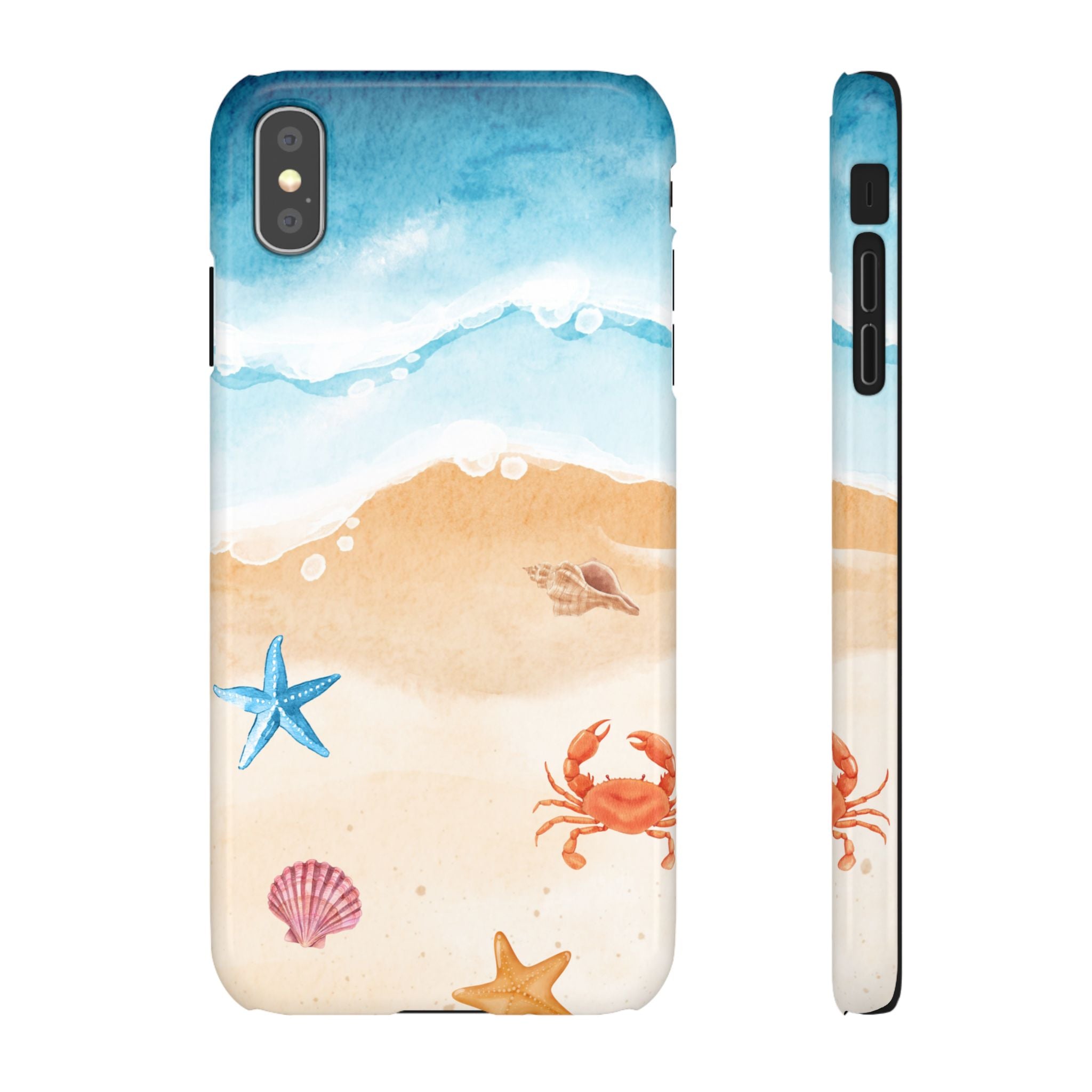 Beach Scene Phone Case — Watercolor Sand, Seashells & Crabs
